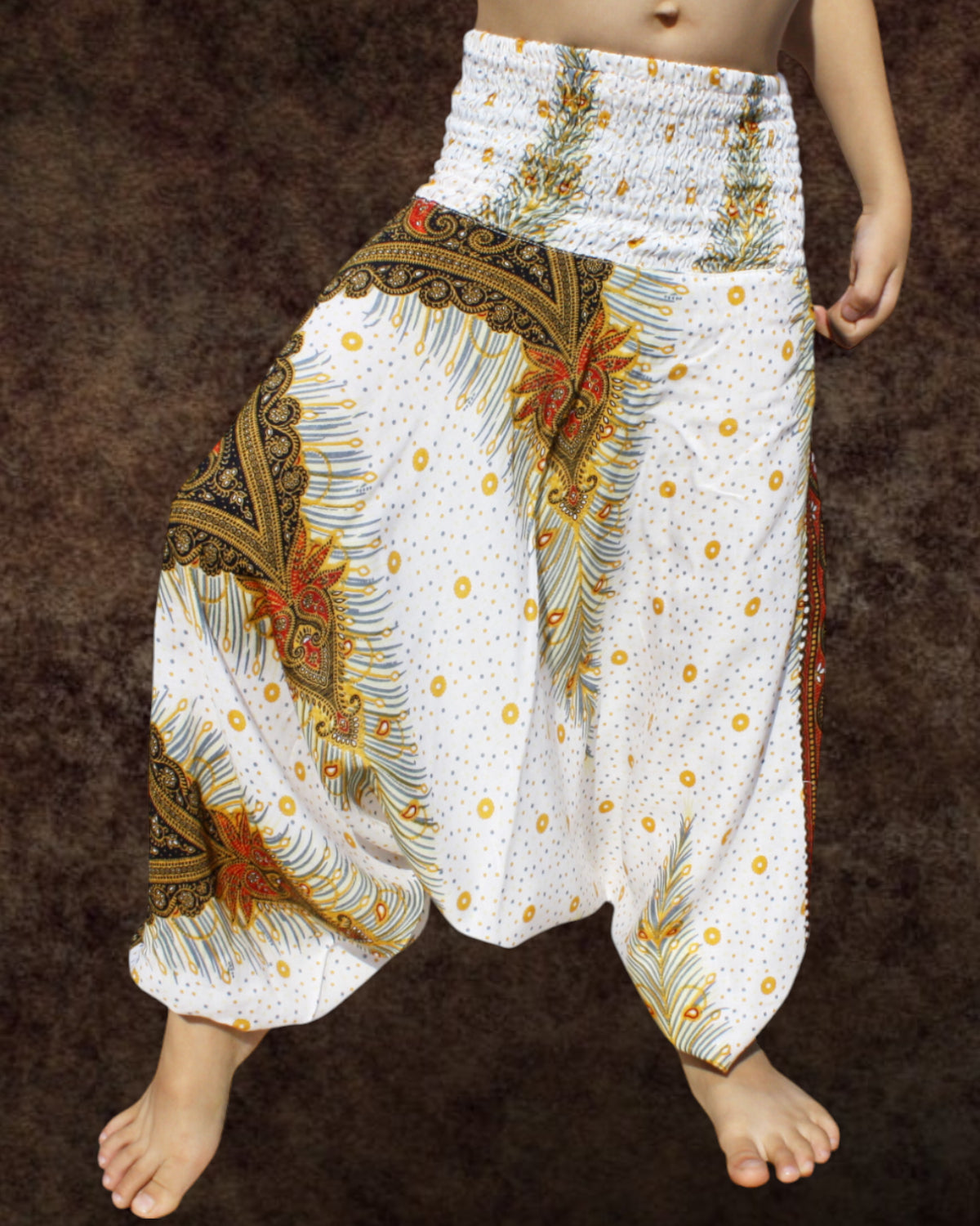 Smock Waist Rayon Aladdin Harem Baggy Pants in Mixed Artworks
