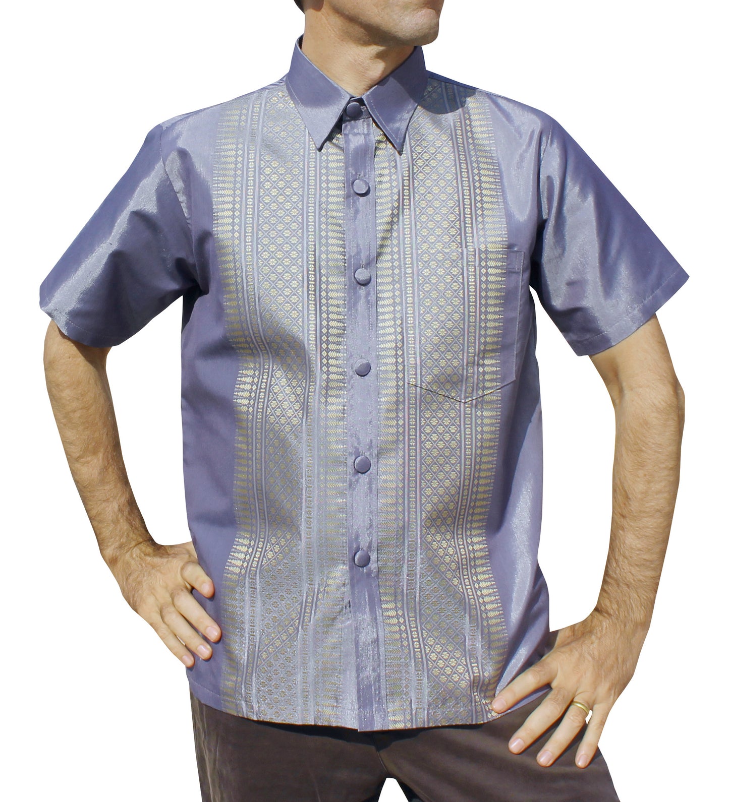 RaanPahMuang Formal Northern Thailand Woven Stitchwork Short Sleeve Silk Men Shirt
