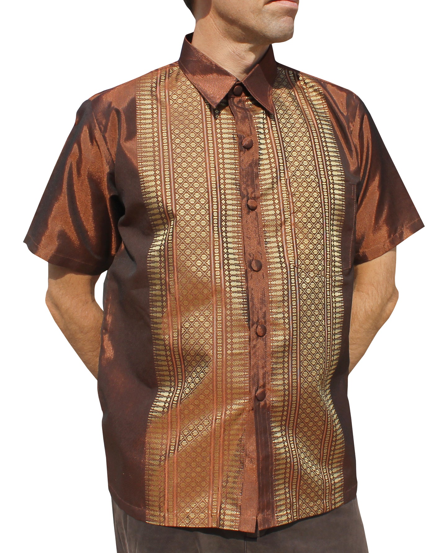 RaanPahMuang Formal Northern Thailand Woven Stitchwork Short Sleeve Silk Men Shirt