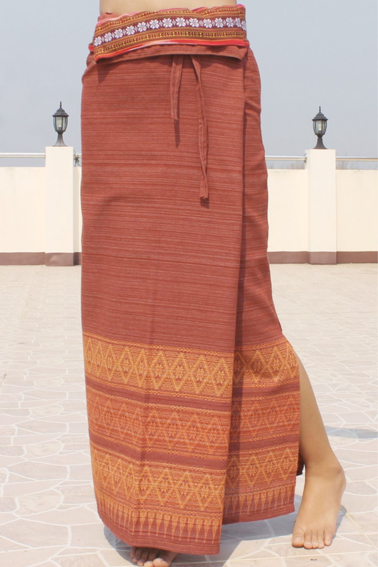 RaanPahMuang Thai Traditional Hand Woven Wrap Skirt Striped Cotton with Floral Belt
