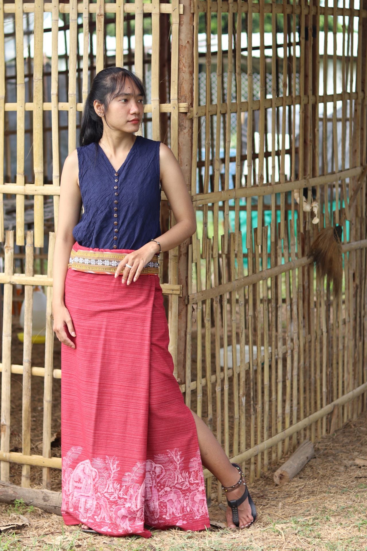 RaanPahMuang Thai Traditional Hand Woven Wrap Skirt Striped Cotton with Floral Belt