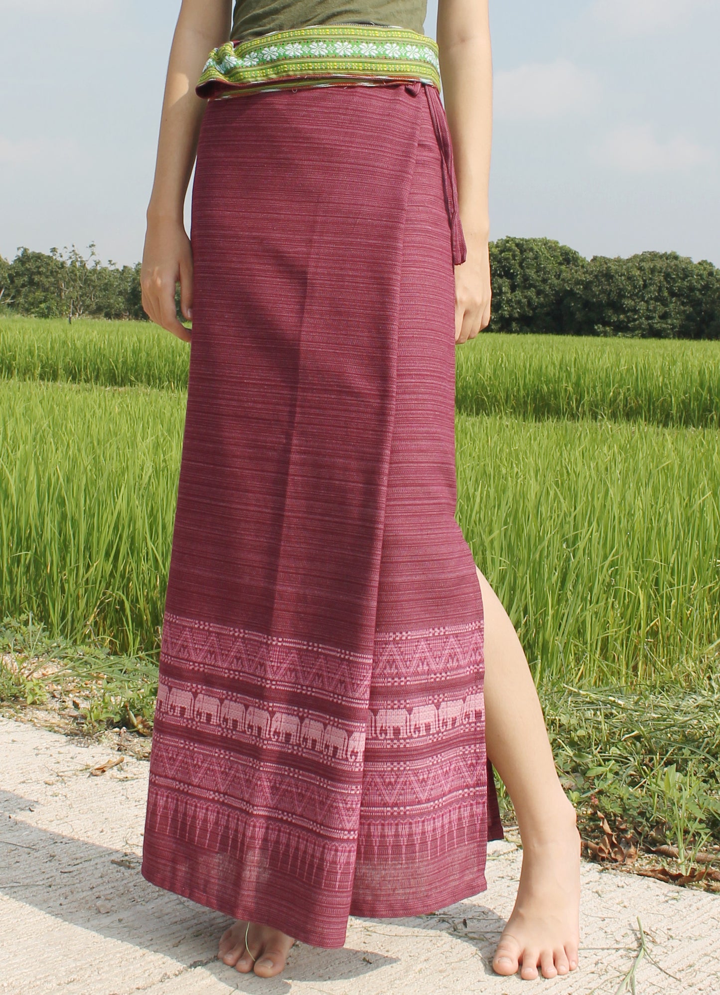 RaanPahMuang Thai Traditional Hand Woven Wrap Skirt Striped Cotton with Floral Belt