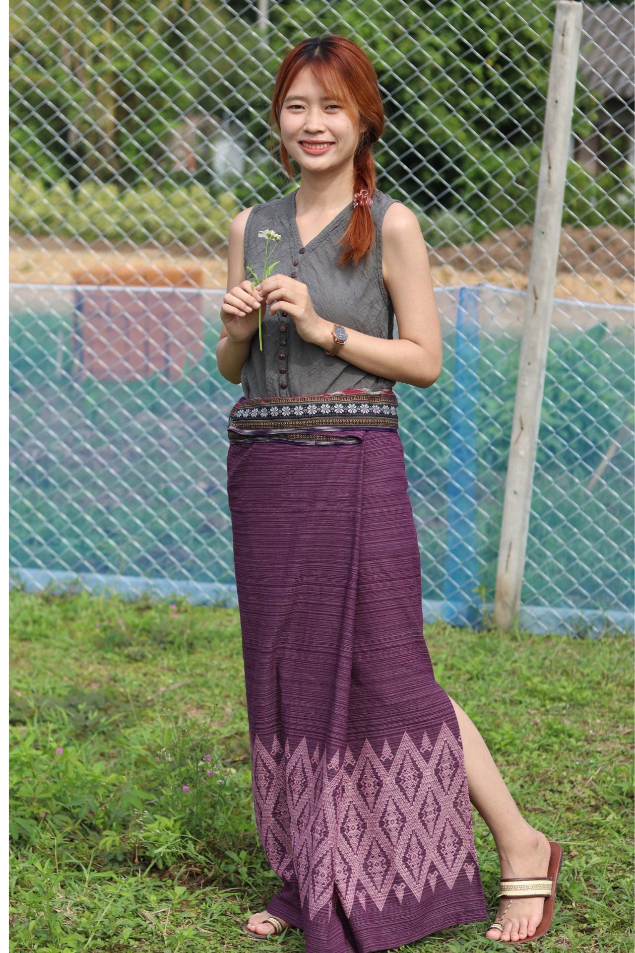 RaanPahMuang Thai Traditional Hand Woven Wrap Skirt Striped Cotton with Floral Belt