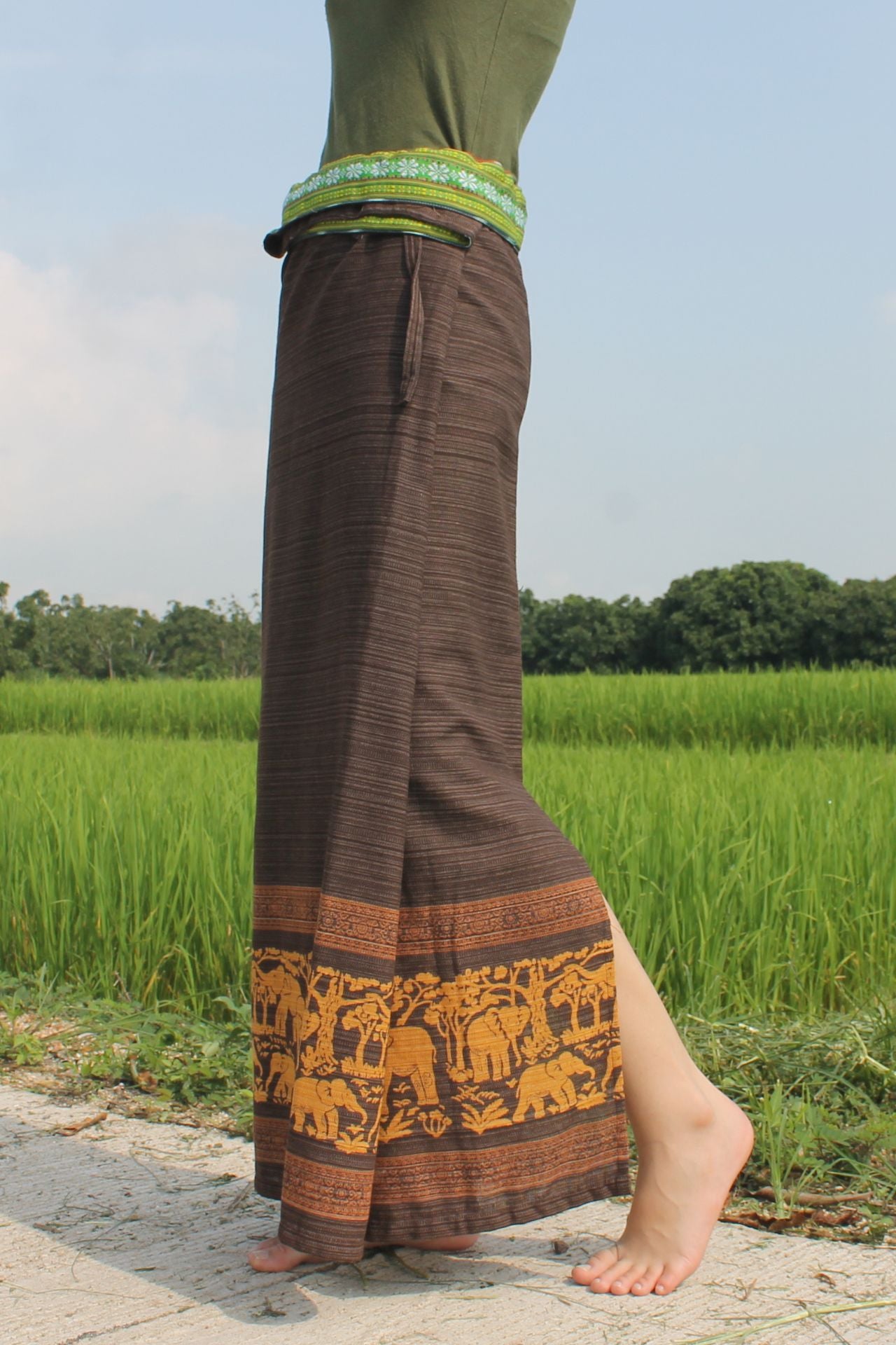 RaanPahMuang Thai Traditional Hand Woven Wrap Skirt Striped Cotton with Floral Belt