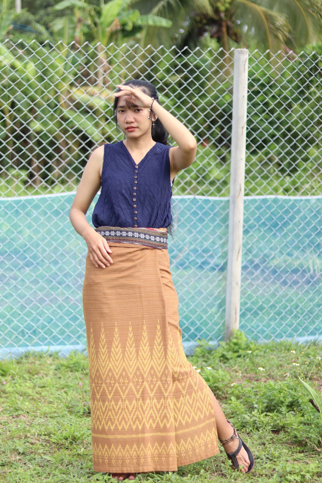 RaanPahMuang Thai Traditional Hand Woven Wrap Skirt Striped Cotton with Floral Belt