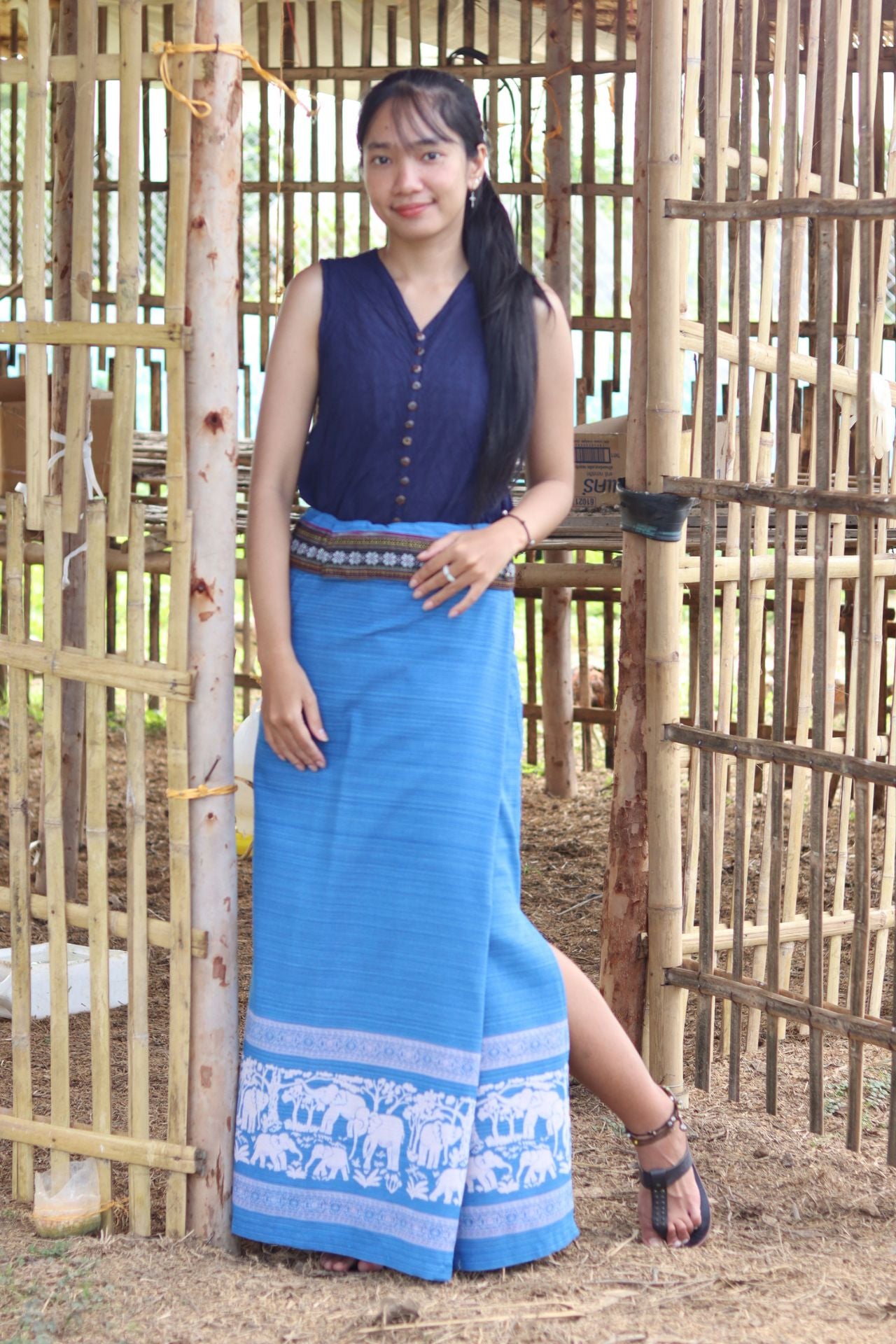 RaanPahMuang Thai Traditional Hand Woven Wrap Skirt Striped Cotton with Floral Belt