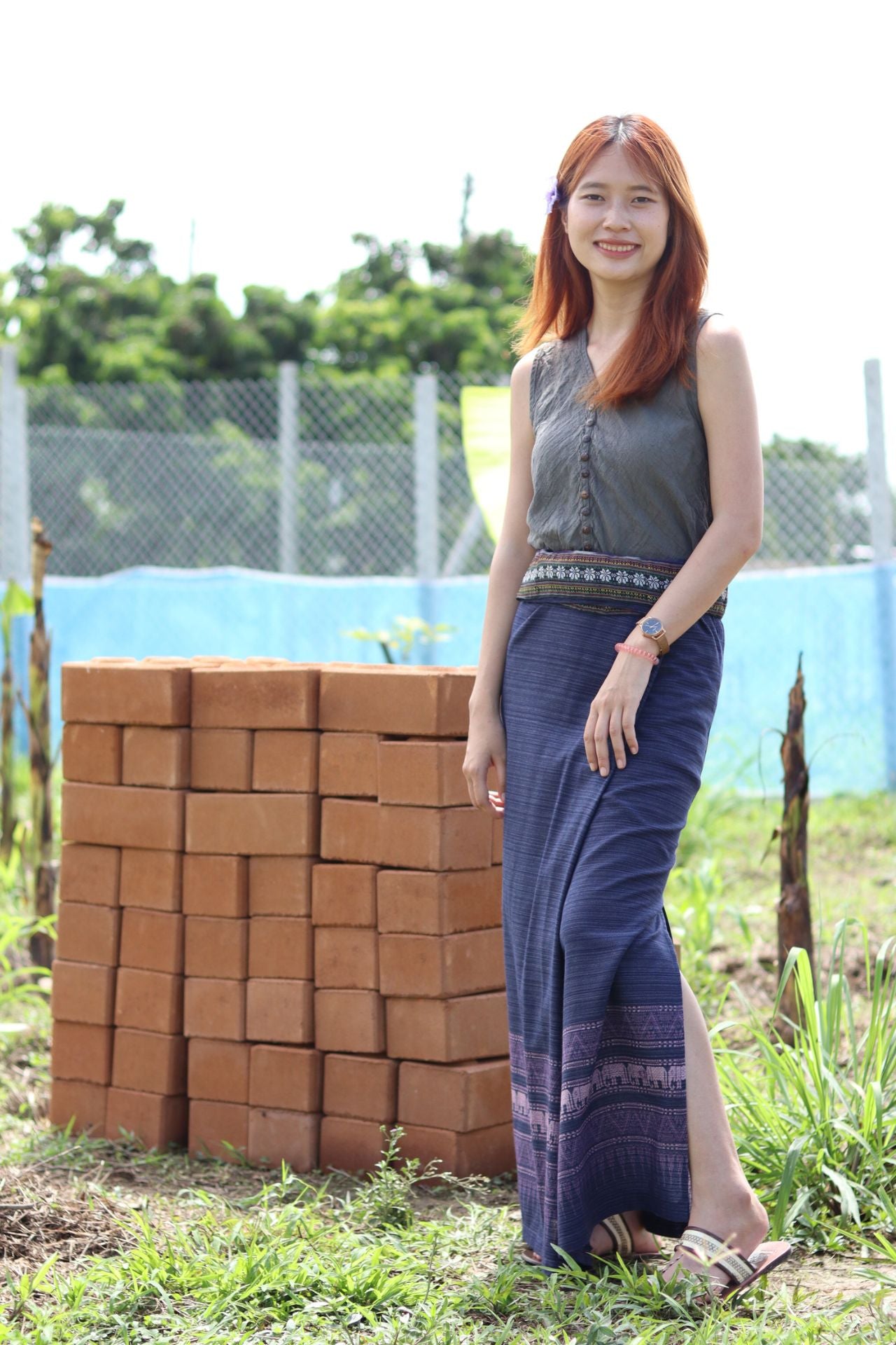 RaanPahMuang Thai Traditional Hand Woven Wrap Skirt Striped Cotton with Floral Belt