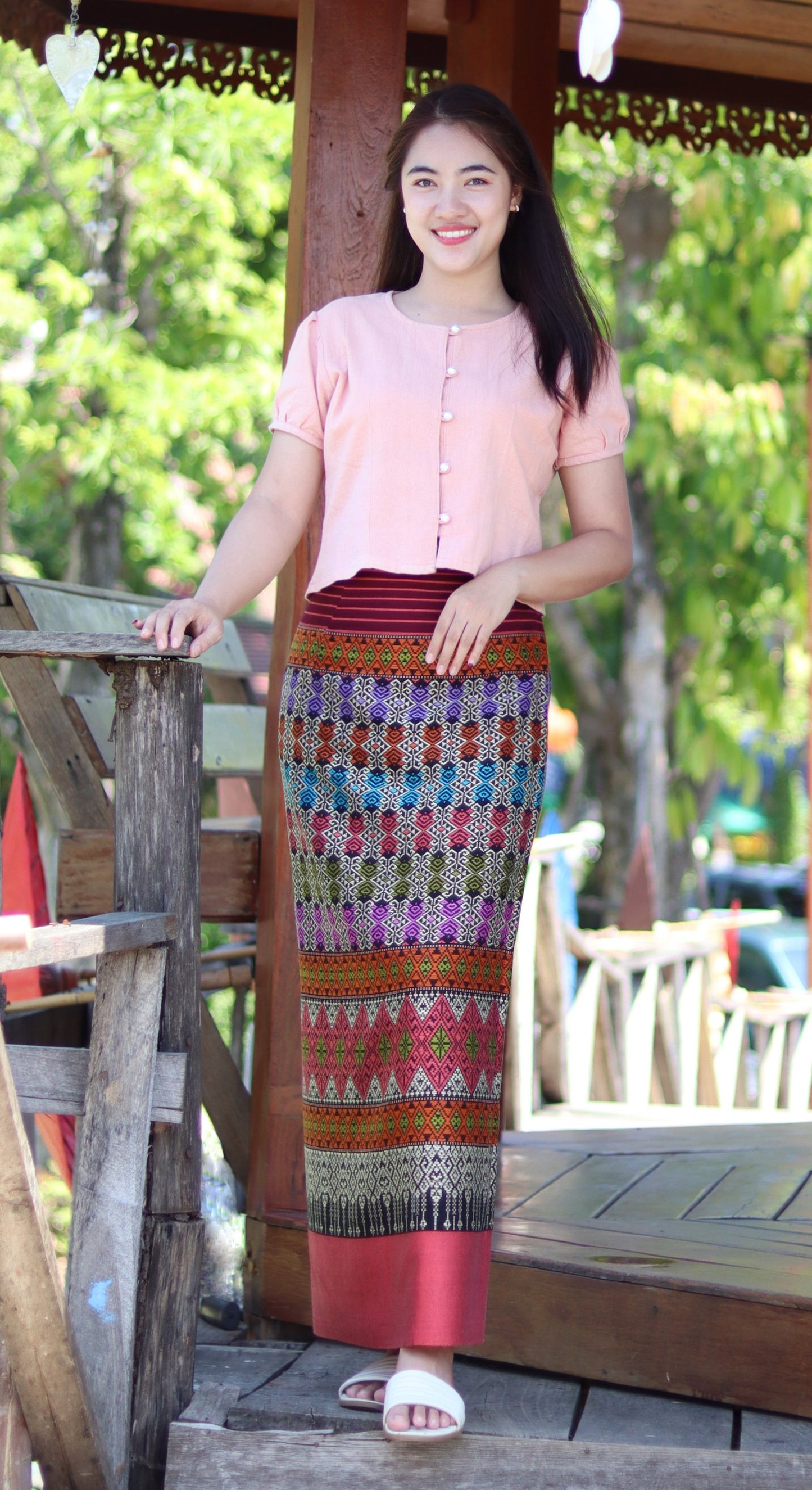 RaanPahMuang Thick Woven Cotton Thai Traditional Wrap Skirt with Waist Ties