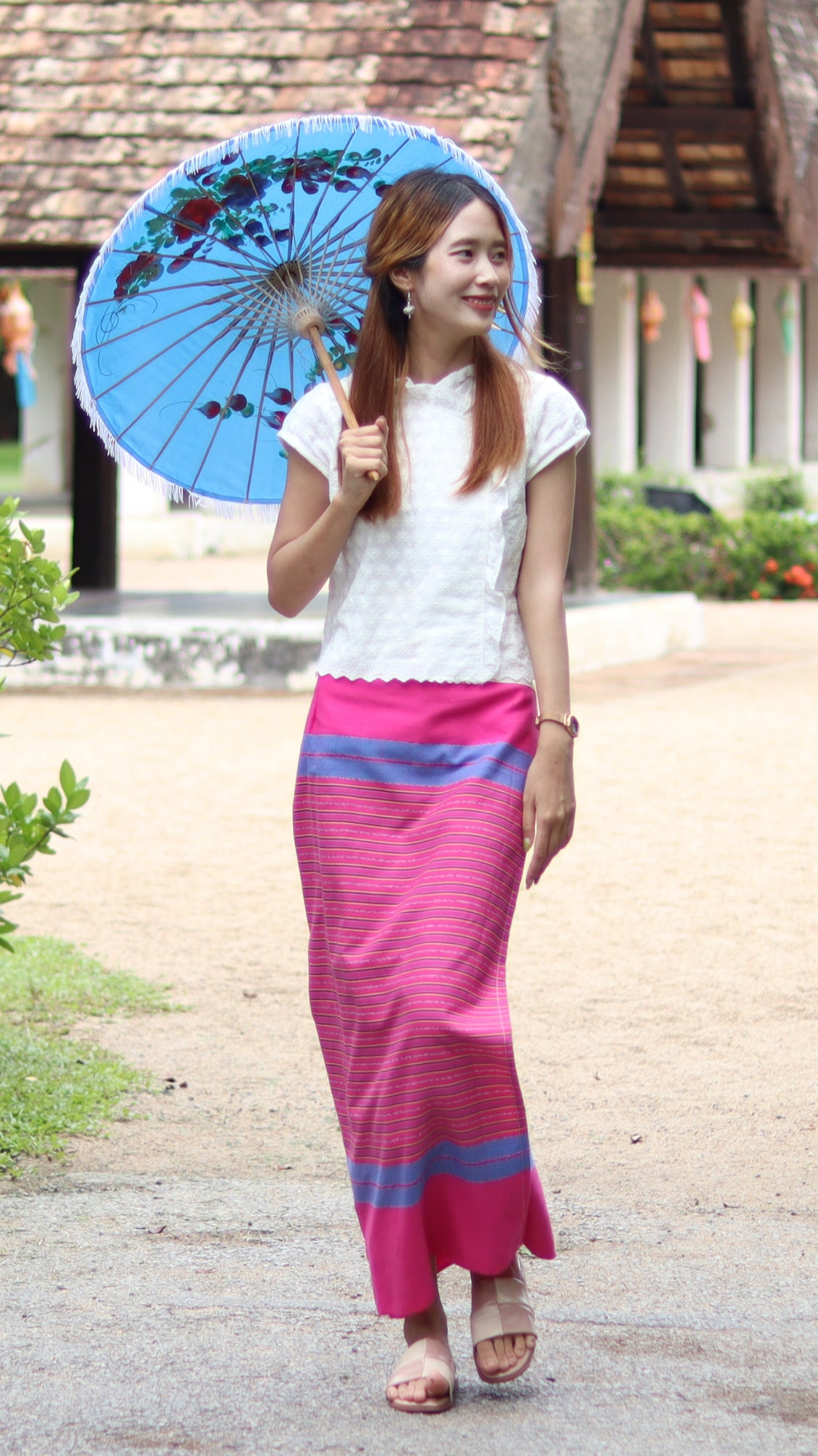 RaanPahMuang Thick Woven Cotton Thai Traditional Wrap Skirt with Waist Ties