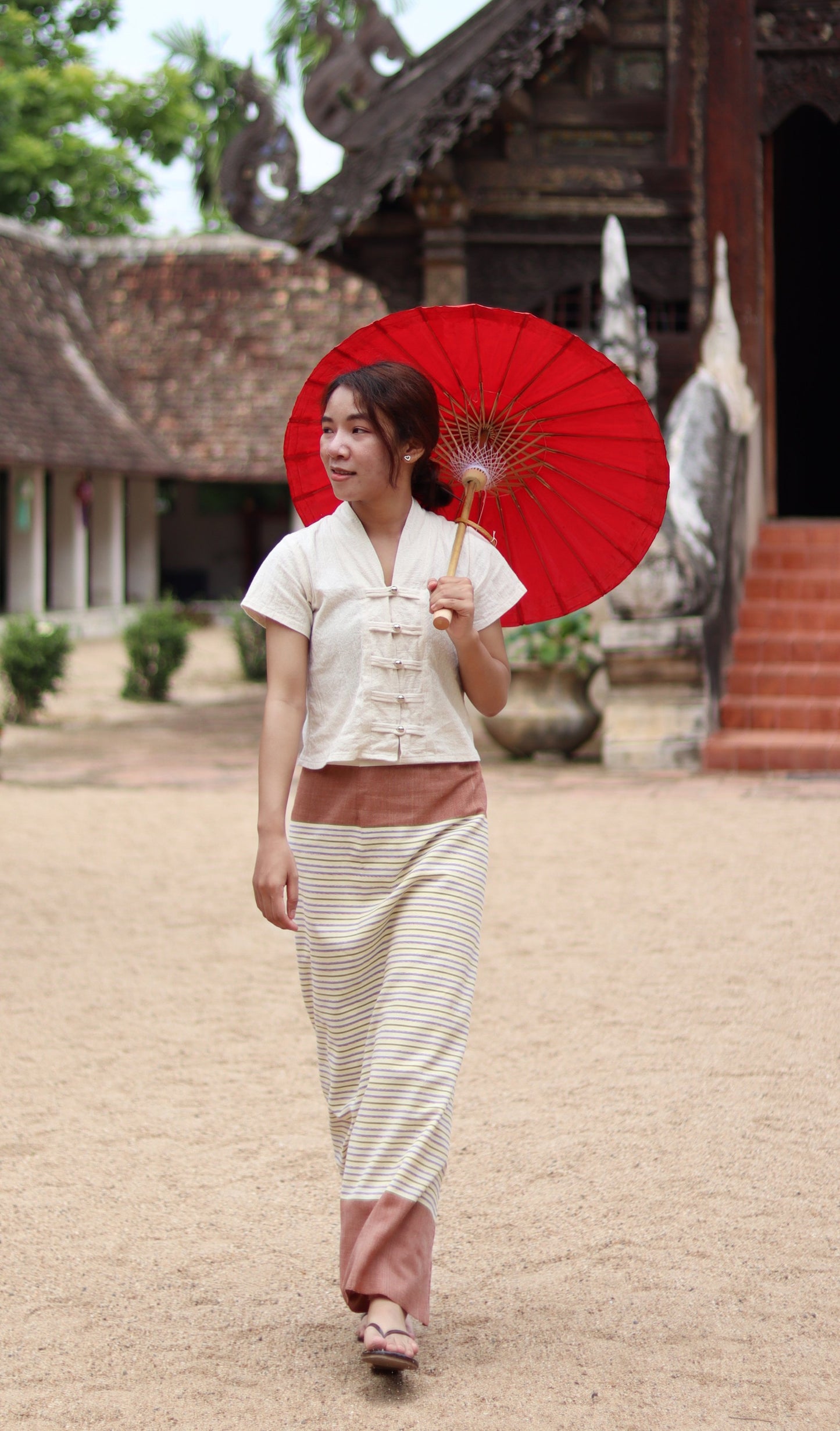 RaanPahMuang Thick Woven Cotton Thai Traditional Wrap Skirt with Waist Ties