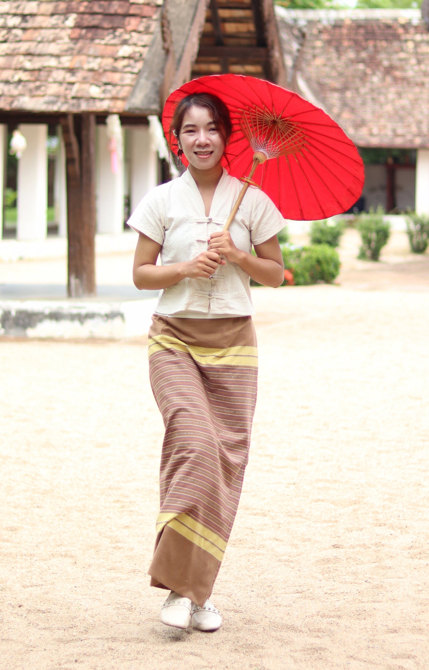 RaanPahMuang Thick Woven Cotton Thai Traditional Wrap Skirt with Waist Ties