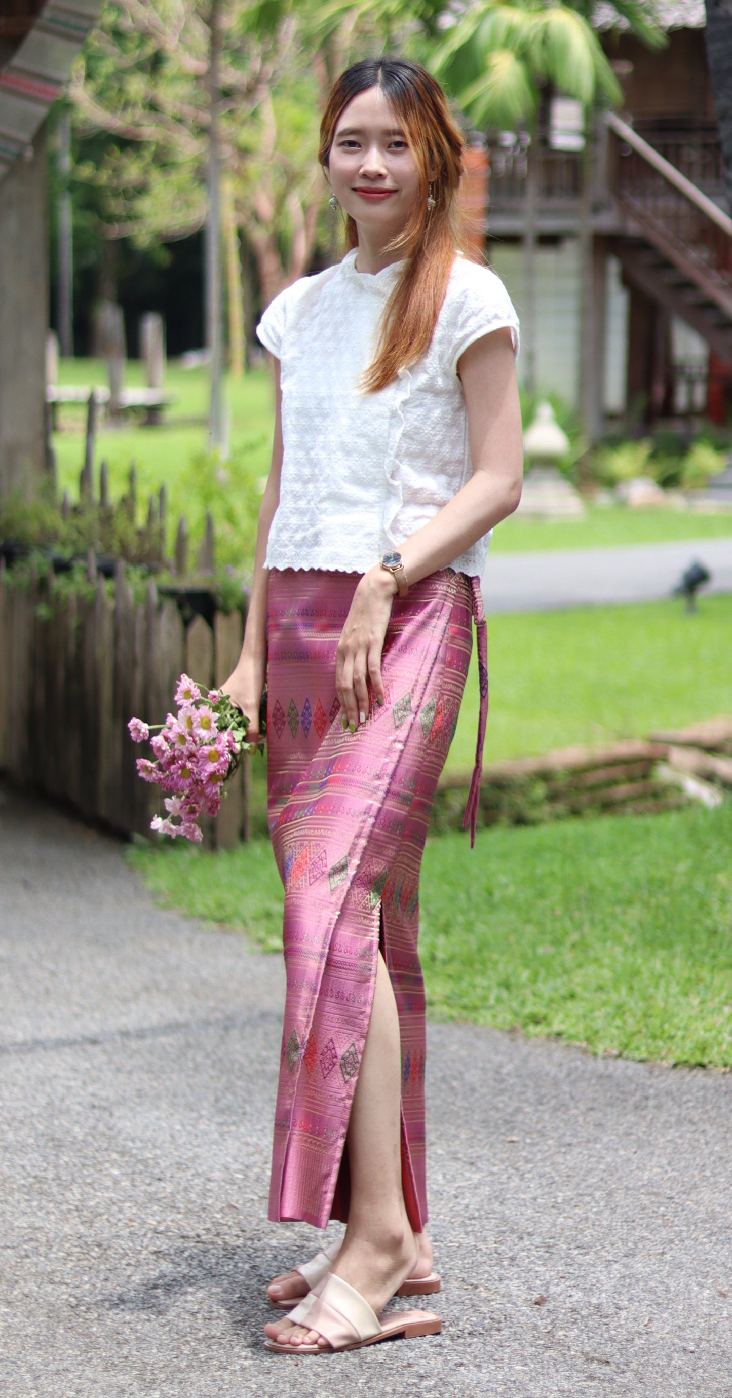 RaanPahMuang Authentic Thai Silk Wrap Skirt Waist Ties Leg Slit Traditional Art