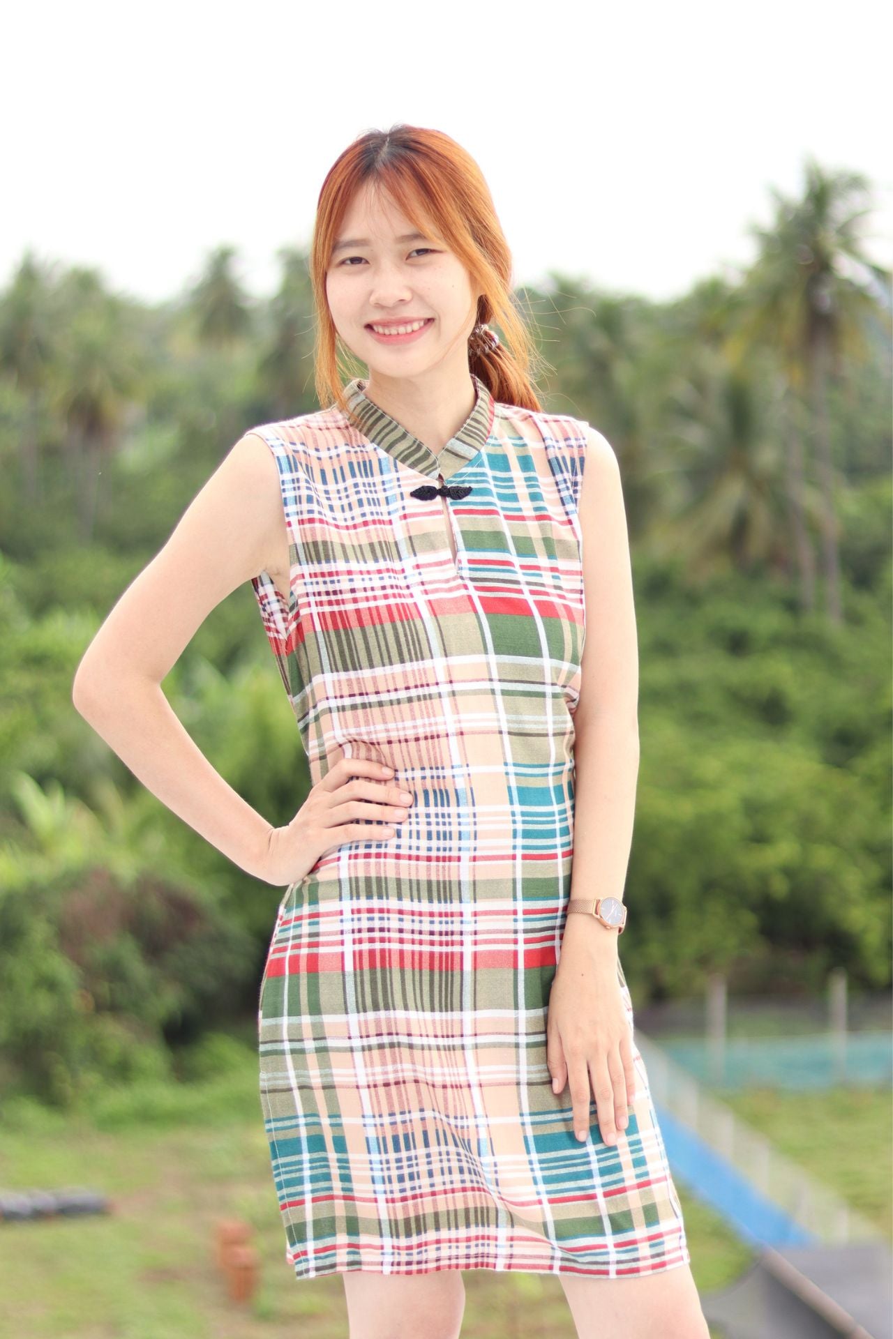 RaanPahMuang Chinese Collar Thai Pattern Serving Girl Sleeveless Sac Dress