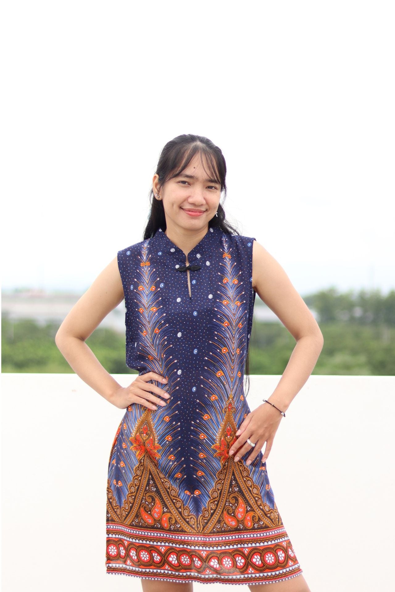 RaanPahMuang Chinese Collar Thai Pattern Serving Girl Sleeveless Sac Dress