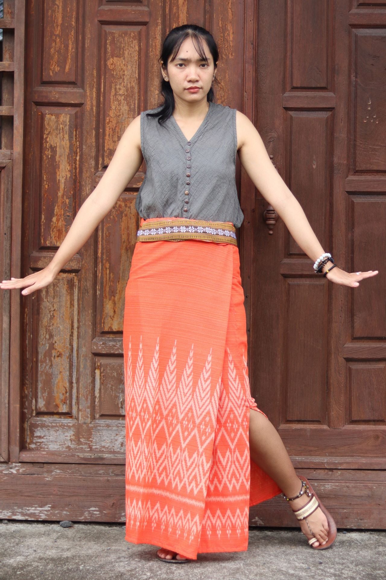 RaanPahMuang Thai Traditional Hand Woven Wrap Skirt Striped Cotton with Floral Belt