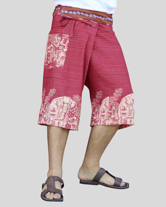 Stripe Cotton Fisherman Shorts North Thai Woodblock Artwork and Belt Art