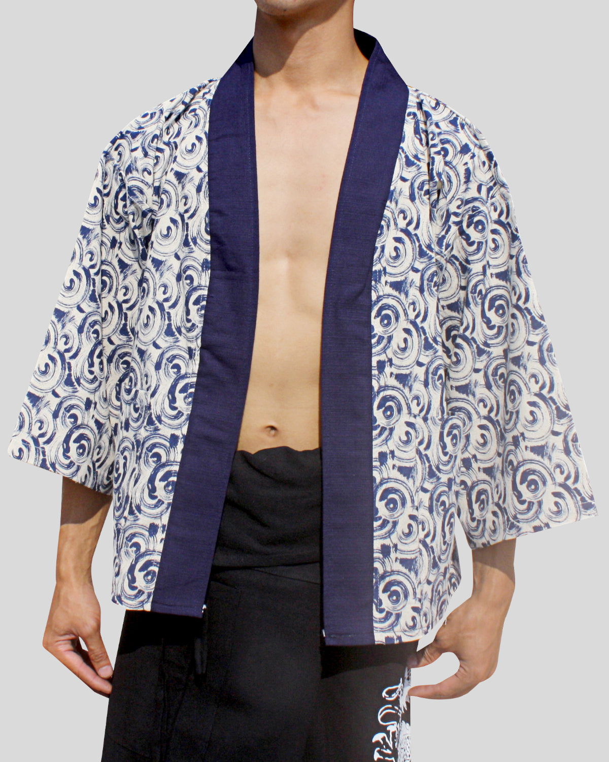 Japanese Yukata Unisex Robe Shirt In Raw Cotton Woodblock Prints