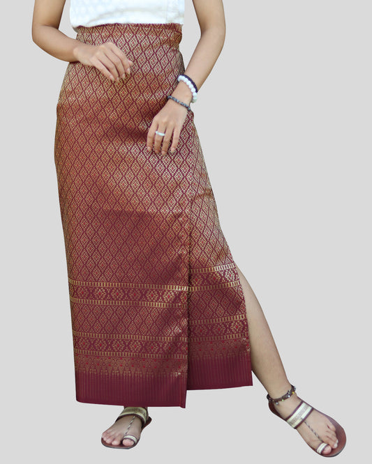 RaanPahMuang Authentic Thai Silk Wrap Skirt Waist Ties Leg Slit Traditional Art