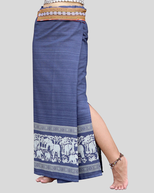 RaanPahMuang Thai Traditional Hand Woven Wrap Skirt Striped Cotton with Floral Belt