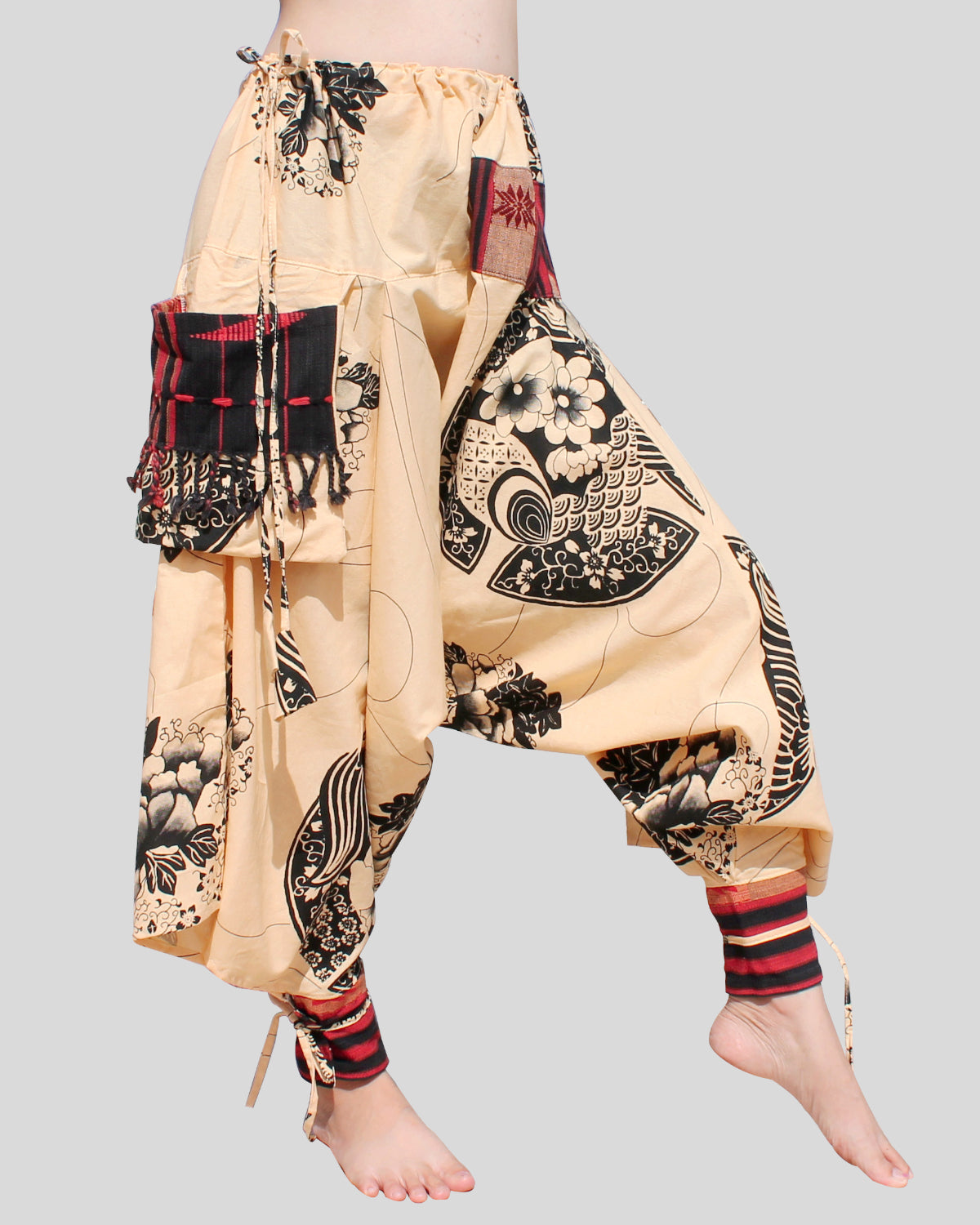 Aladin Pants Japanese style with Tied Cuffs and Woven Patches