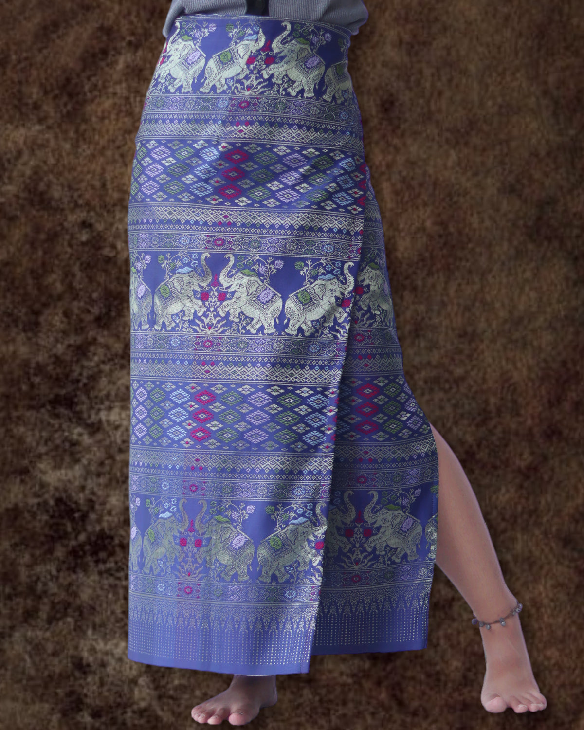 RaanPahMuang Authentic Thai Silk Wrap Skirt Waist Ties Leg Slit Traditional Art