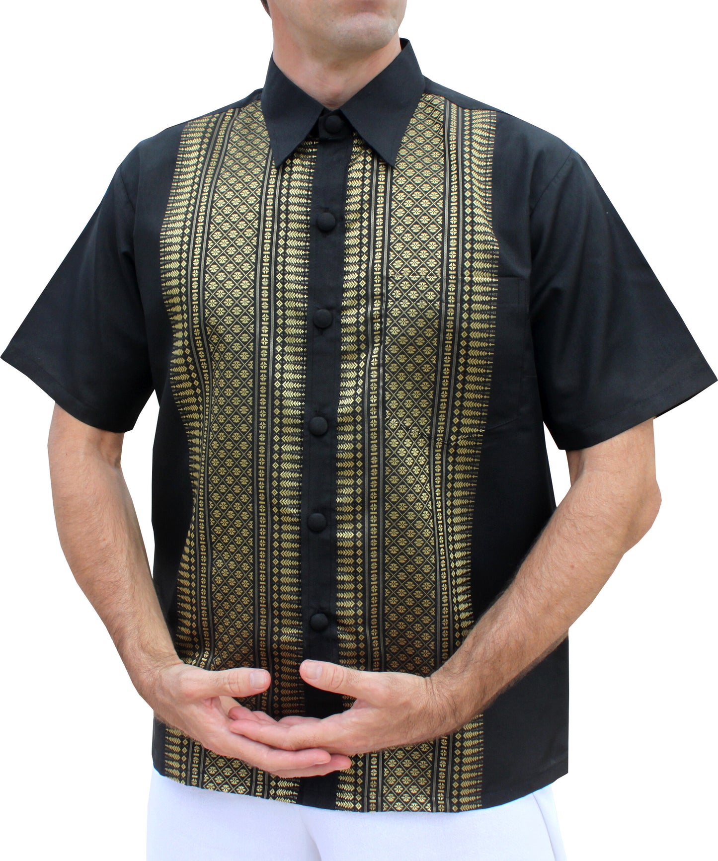 RaanPahMuang Formal Northern Thailand Woven Stitchwork Short Sleeve Silk Men Shirt