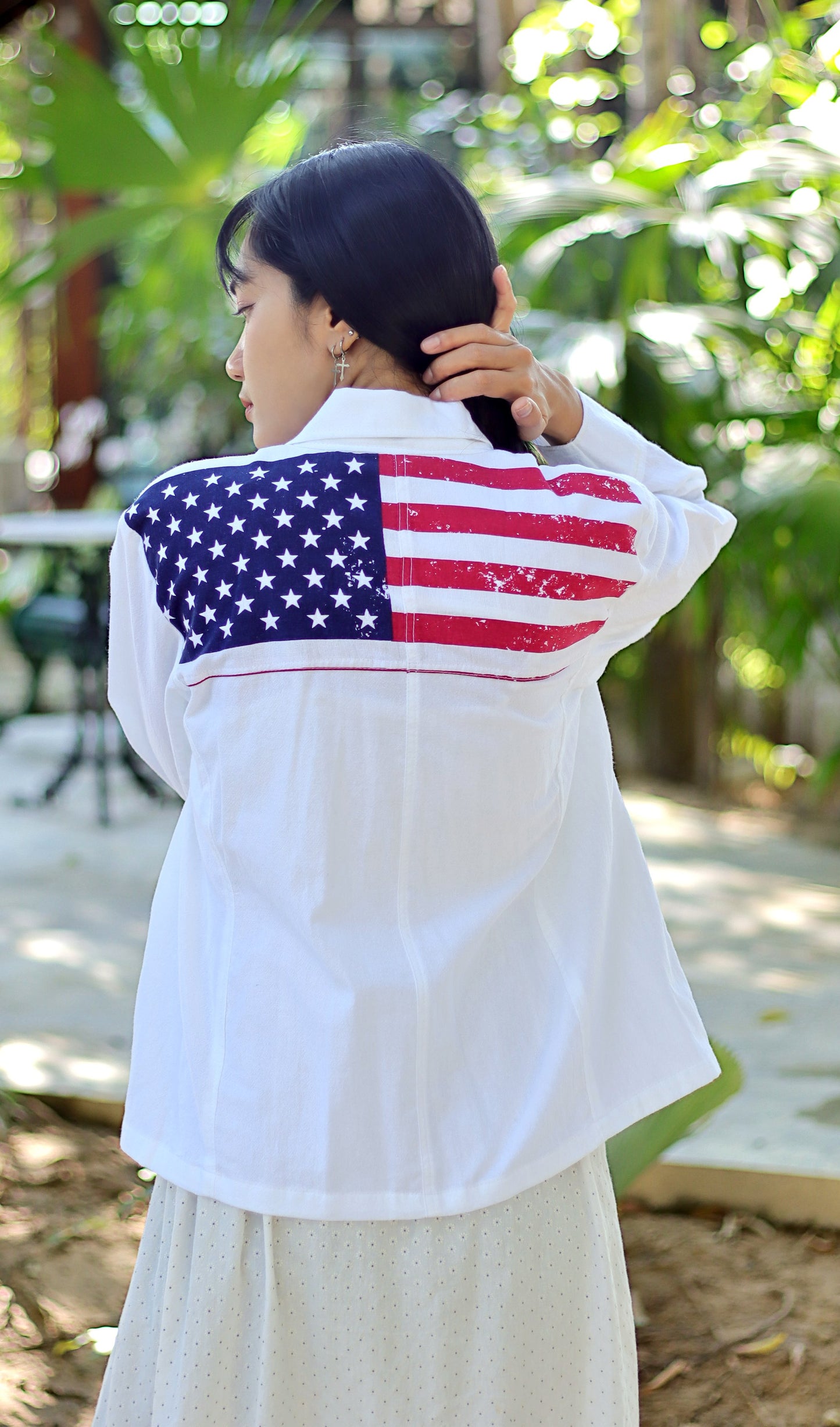 American Ladies Cotton Biker Stonewashed USA Patriot Flag WindBreaker Jacket