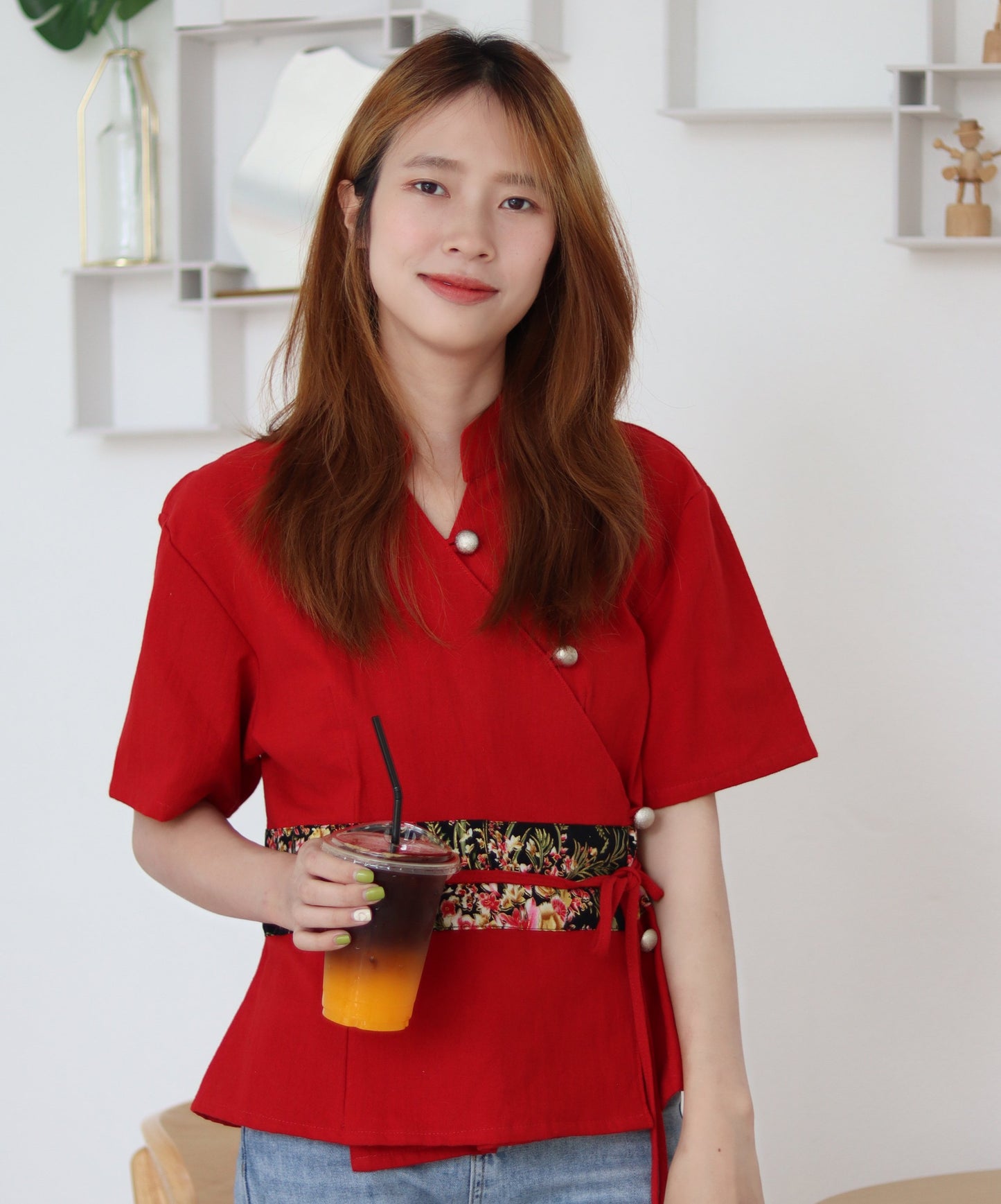 RaanPahMuang Muang Cotton Thai Ladies Shirt Handmade Silk Band Empire Bust Style