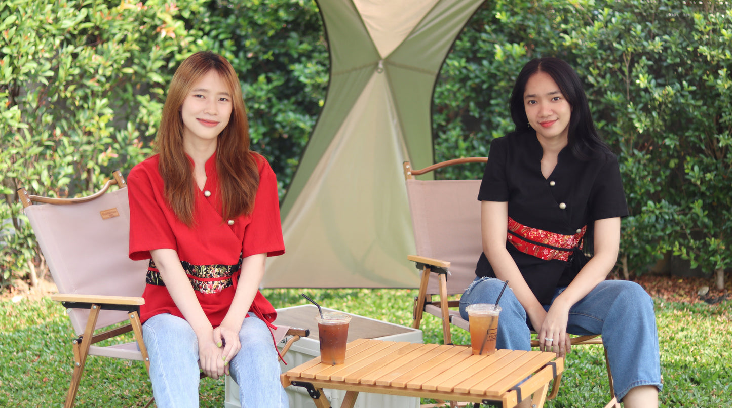 RaanPahMuang Muang Cotton Thai Ladies Shirt Handmade Silk Band Empire Bust Style