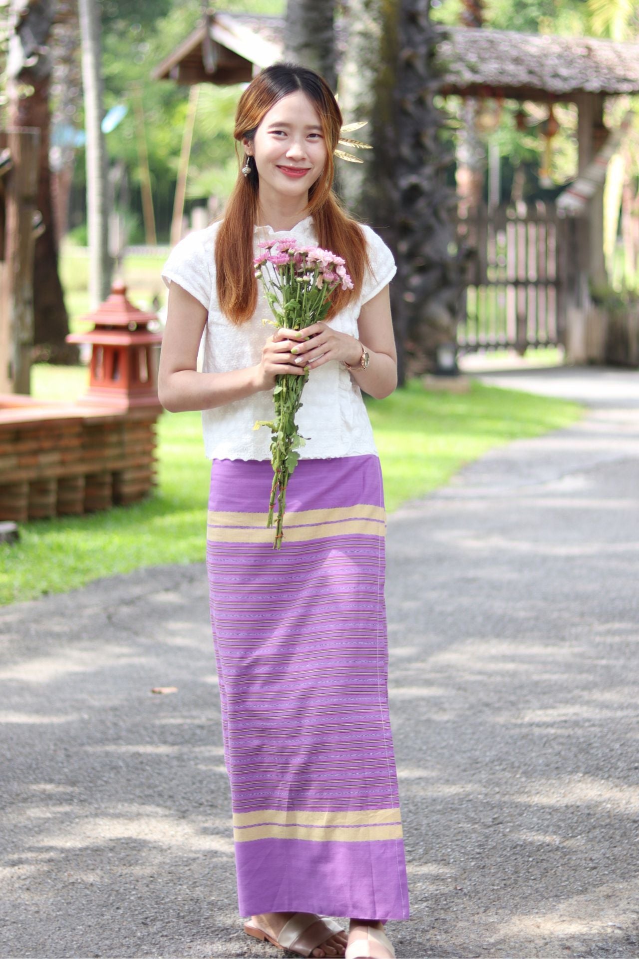 RaanPahMuang Thick Woven Cotton Thai Traditional Wrap Skirt with Waist Ties