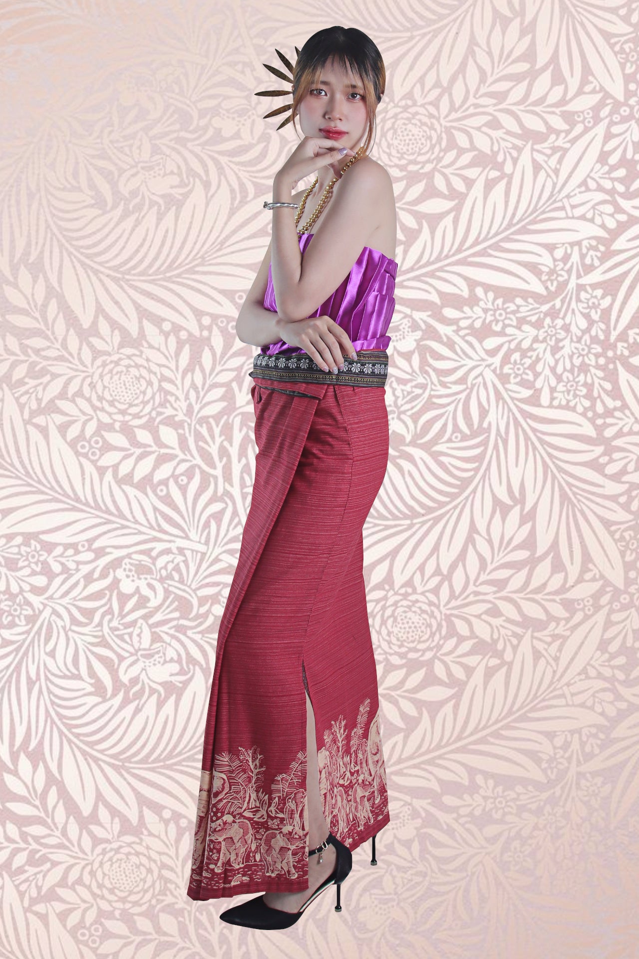 RaanPahMuang Thai Traditional Hand Woven Wrap Skirt Striped Cotton with Floral Belt