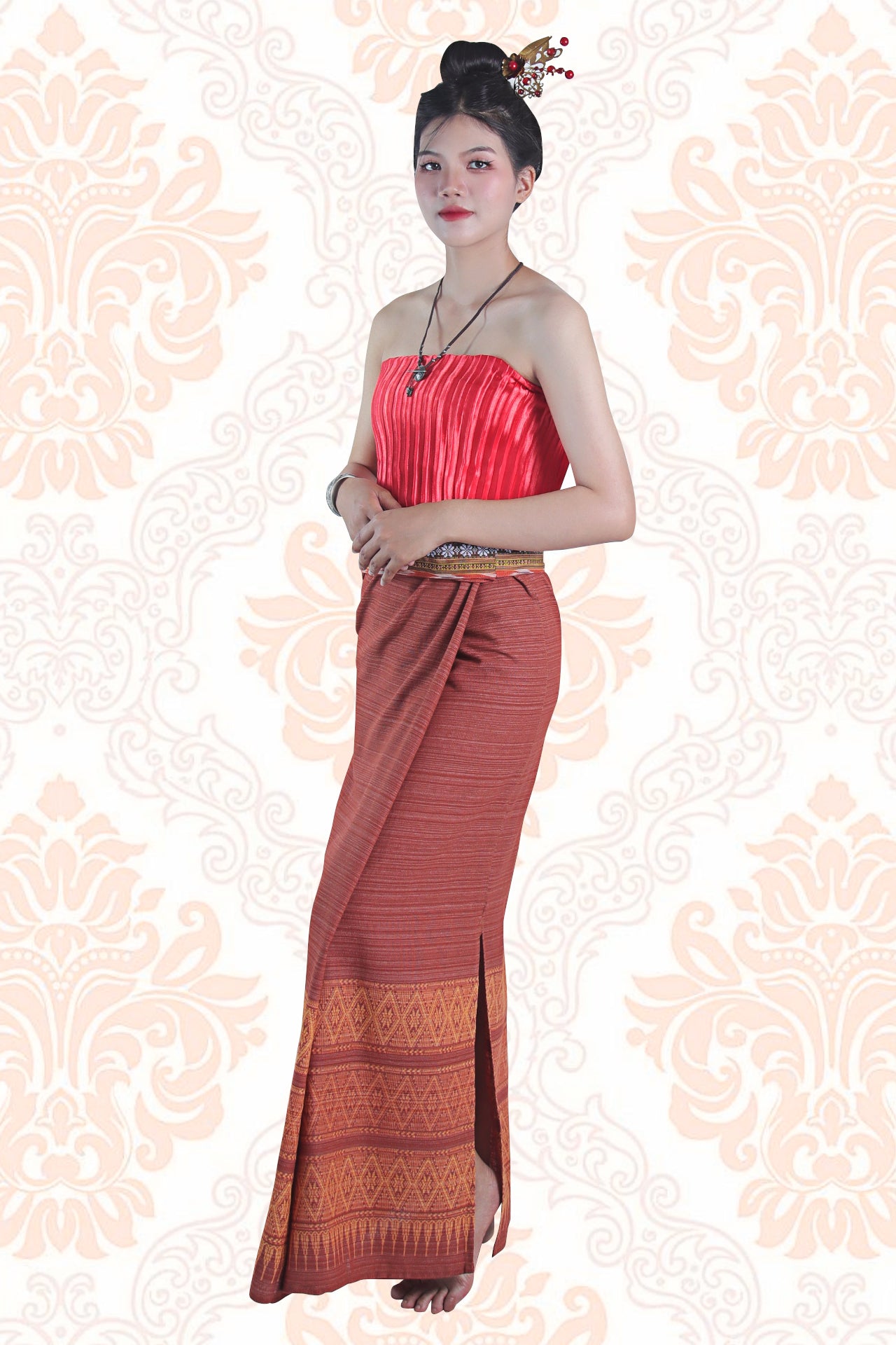 RaanPahMuang Thai Traditional Hand Woven Wrap Skirt Striped Cotton with Floral Belt