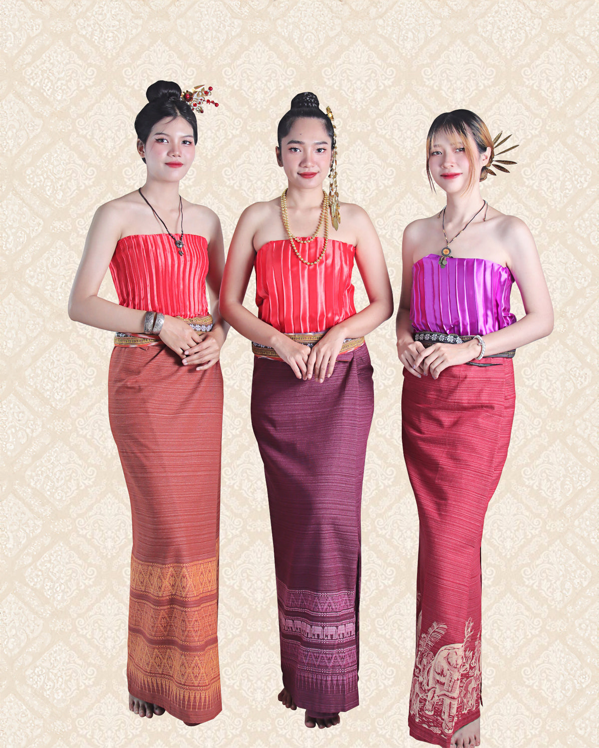 RaanPahMuang Thai Traditional Hand Woven Wrap Skirt Striped Cotton with Floral Belt