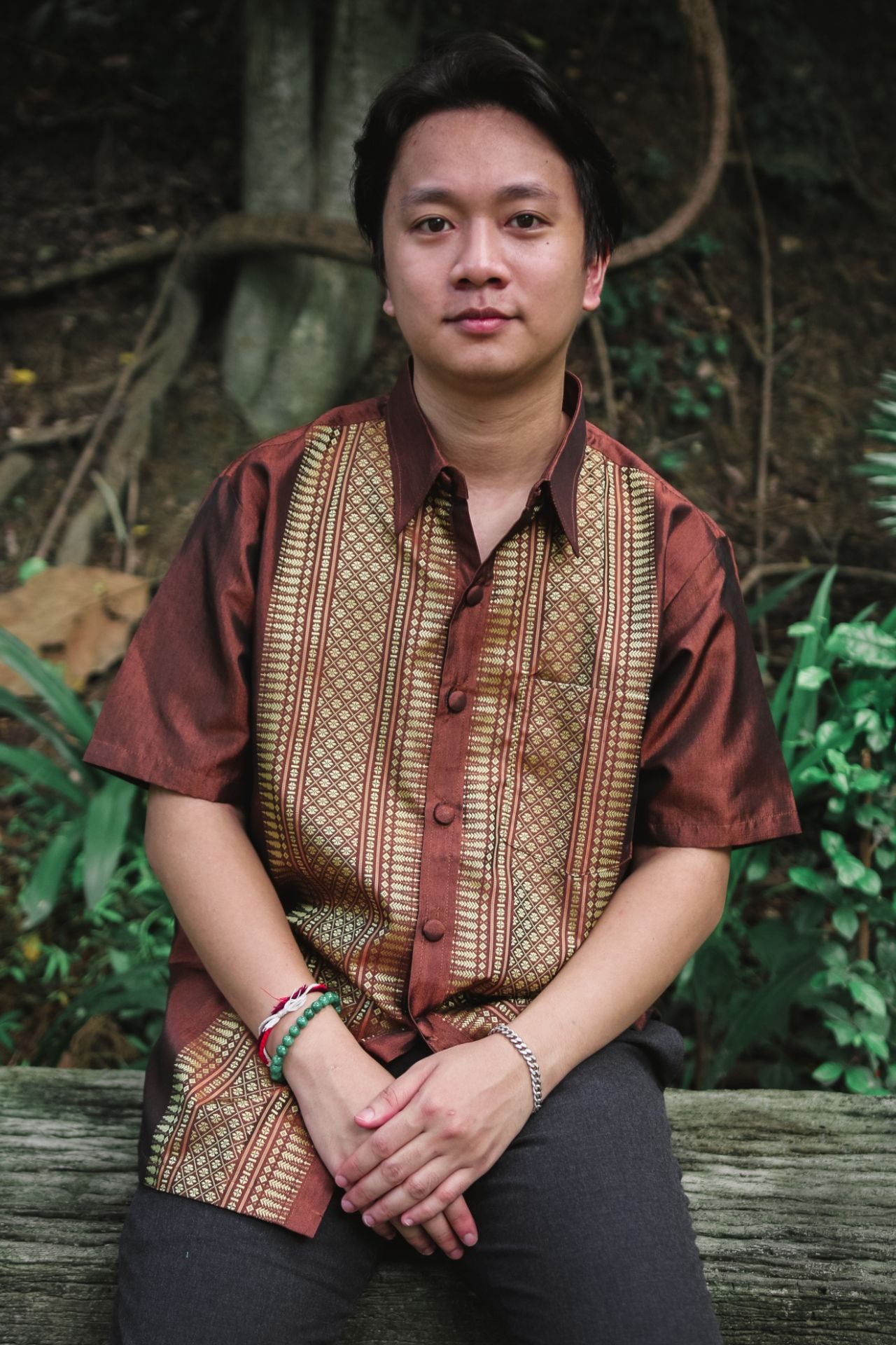 RaanPahMuang Formal Northern Thailand Woven Stitchwork Short Sleeve Silk Men Shirt