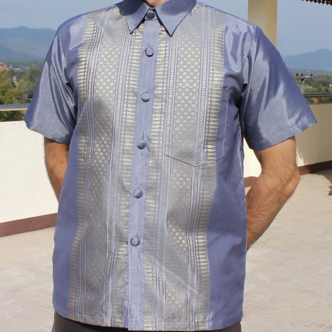 RaanPahMuang Formal Northern Thailand Woven Stitchwork Short Sleeve Silk Men Shirt