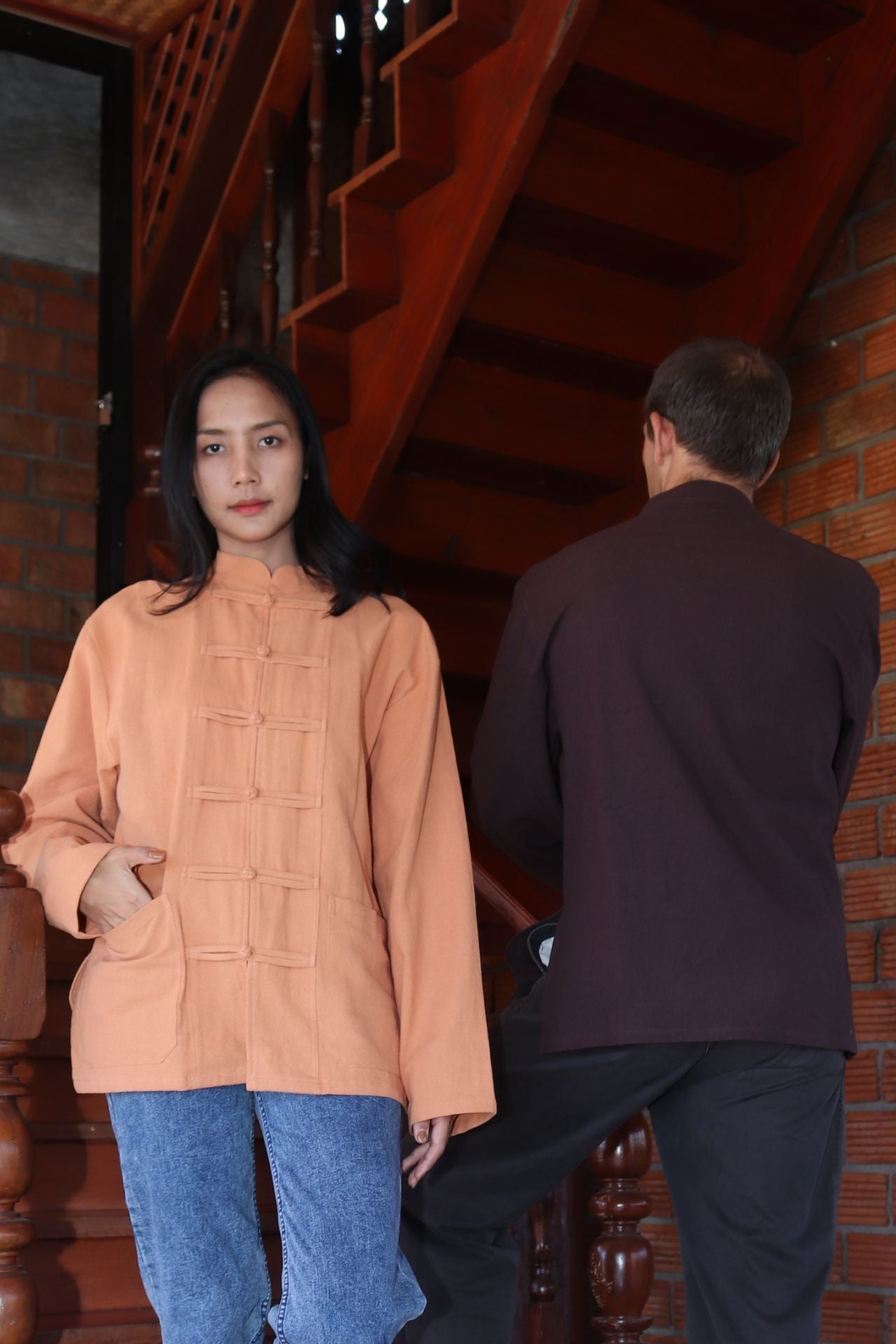 RaanPahMuang Thick Muang Cotton Chinese Jacket Shirt Mandarin Frog Button Front
