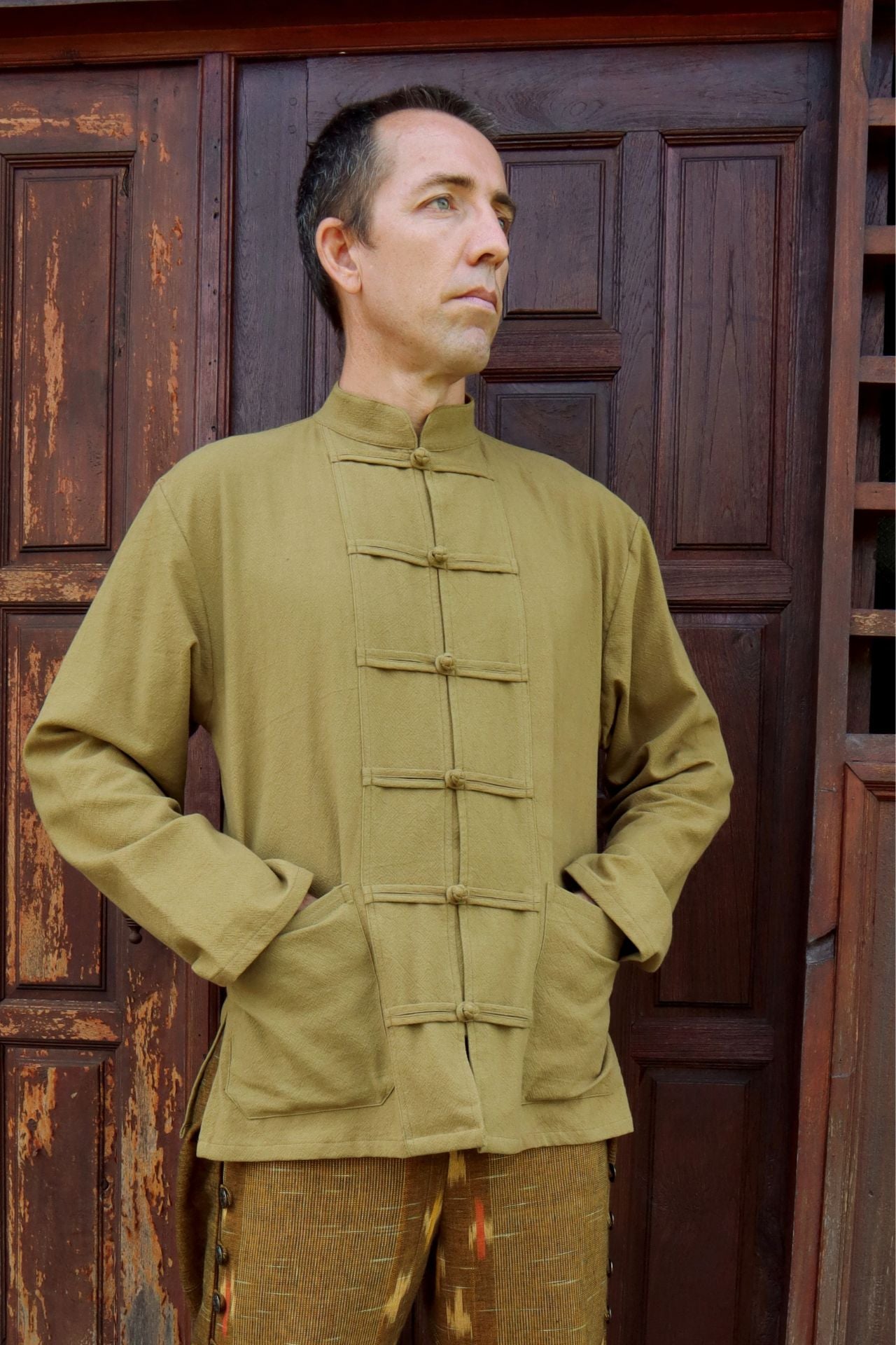 RaanPahMuang Thick Muang Cotton Chinese Jacket Shirt Mandarin Frog Button Front