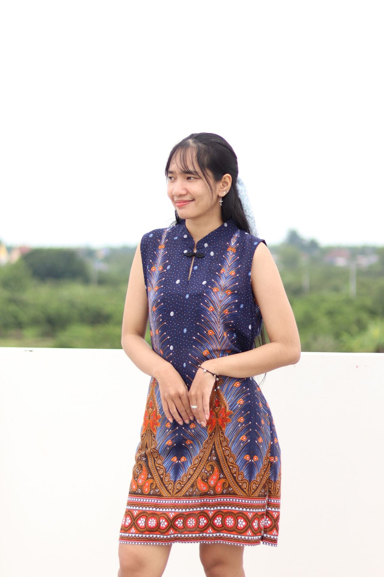 RaanPahMuang Chinese Collar Thai Pattern Serving Girl Sleeveless Sac Dress