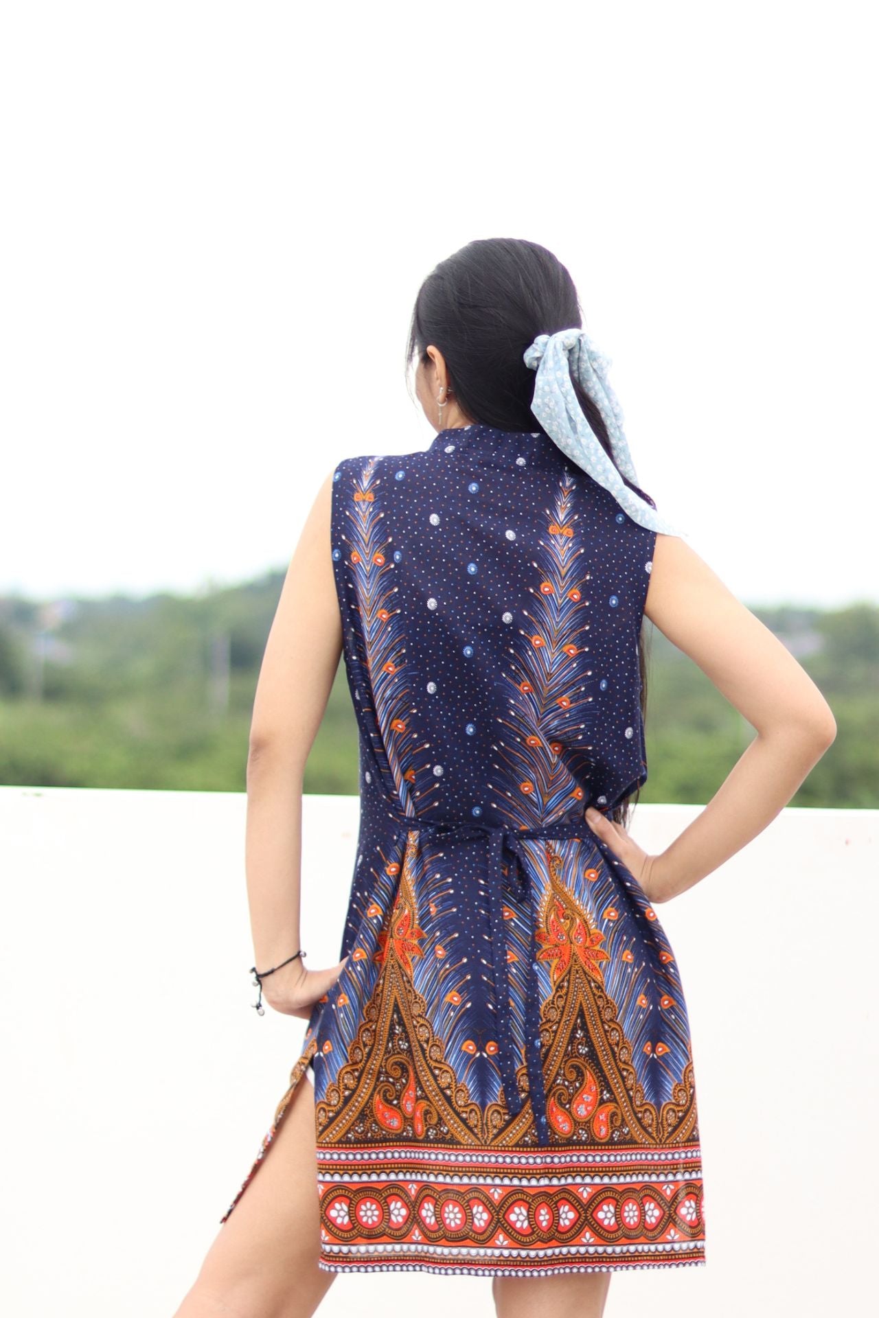 RaanPahMuang Chinese Collar Thai Pattern Serving Girl Sleeveless Sac Dress