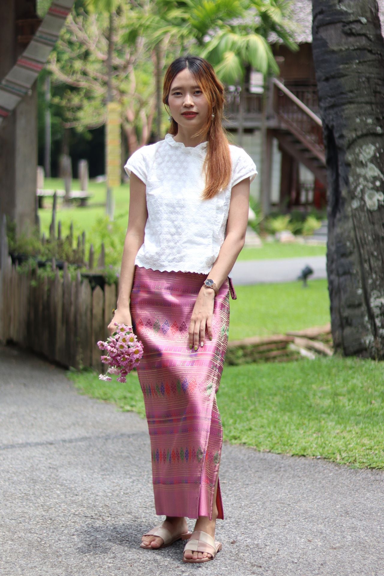 RaanPahMuang Authentic Thai Silk Wrap Skirt Waist Ties Leg Slit Traditional Art