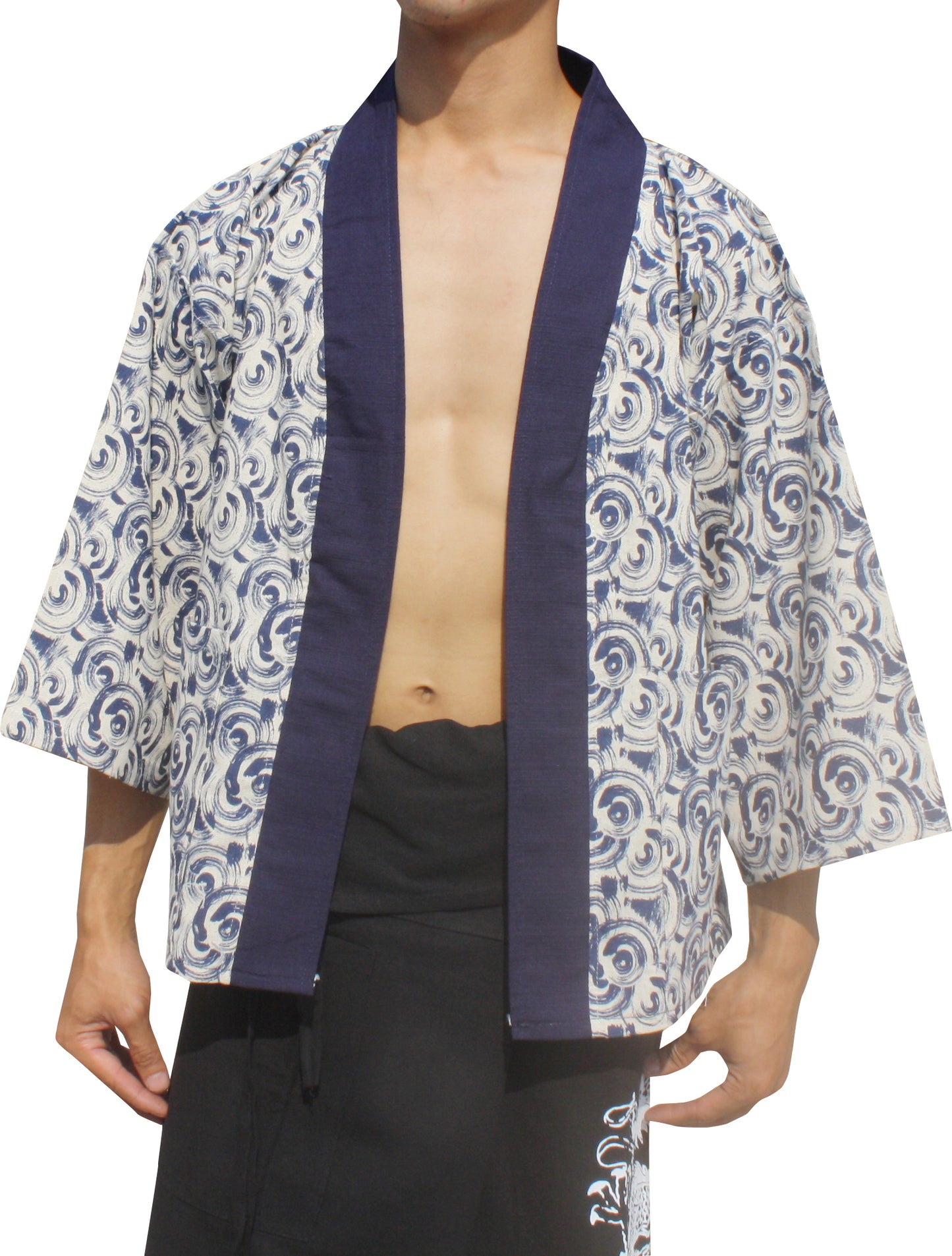 Japanese Yukata Unisex Robe Shirt In Raw Cotton Woodblock Prints