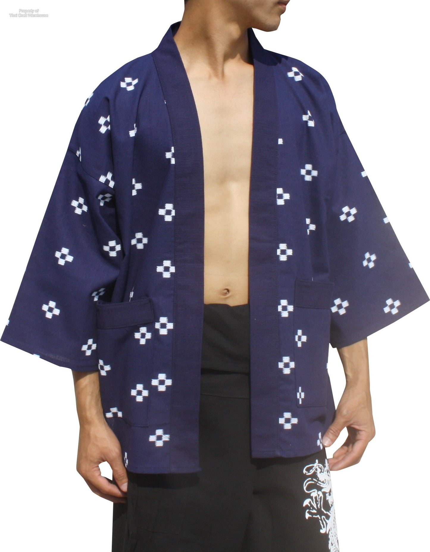 Japanese Yukata Unisex Robe Shirt In Raw Cotton Woodblock Prints
