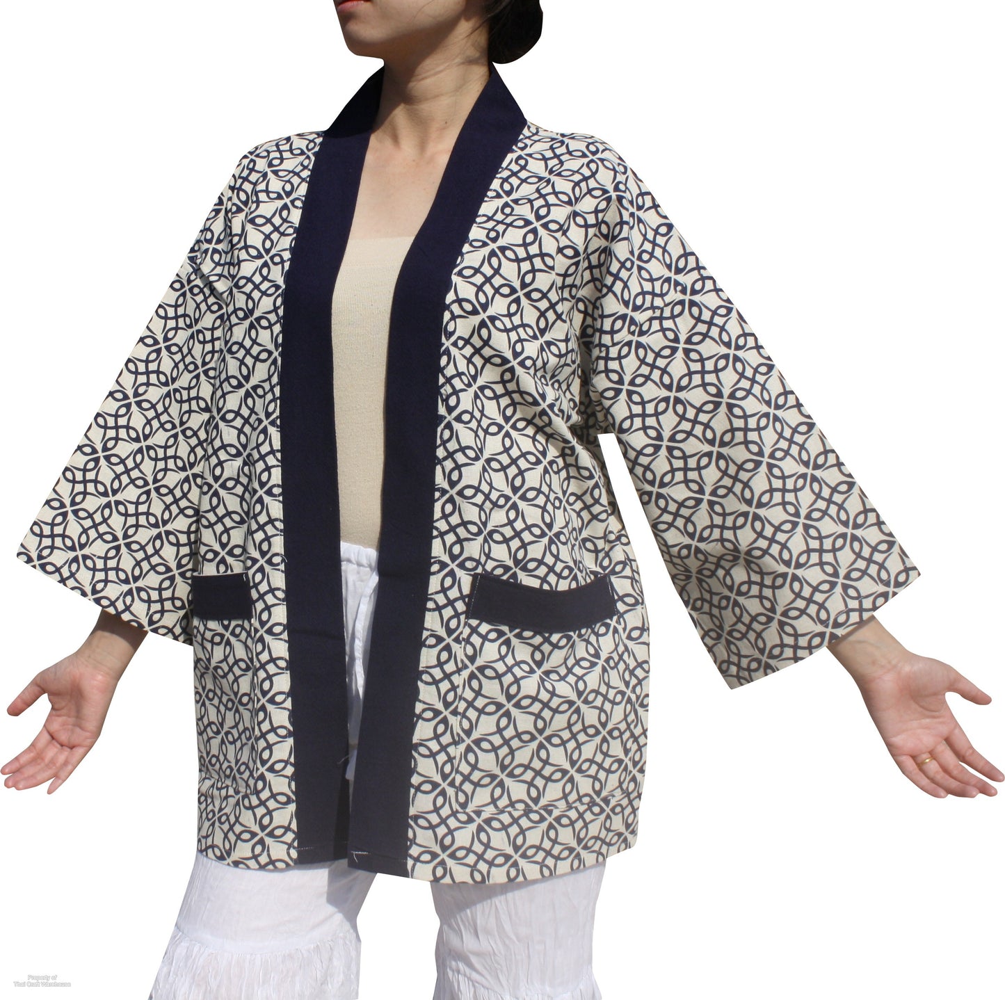 Japanese Yukata Unisex Robe Shirt In Raw Cotton Woodblock Prints