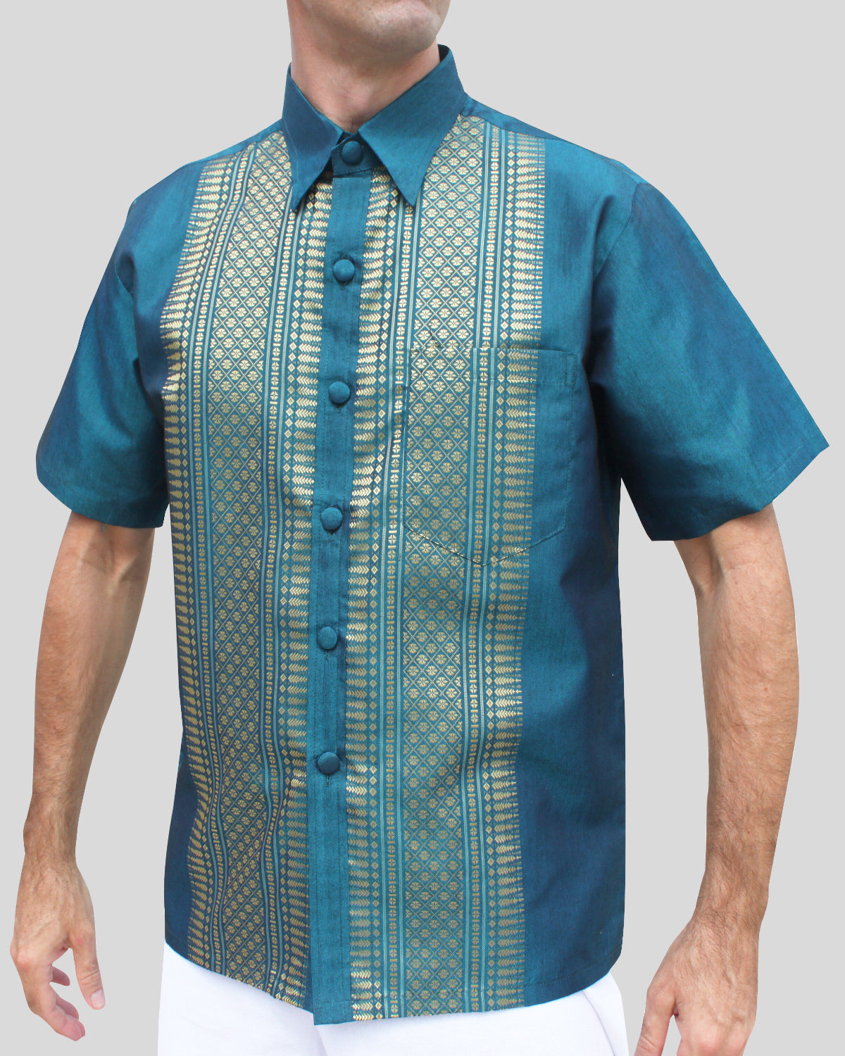 RaanPahMuang Formal Northern Thailand Woven Stitchwork Short Sleeve Silk Men Shirt