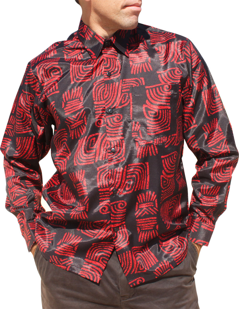 RaanPahMuang Light Smart Classic Cut Buttoned Thai Silk Artistic Long Sleeve