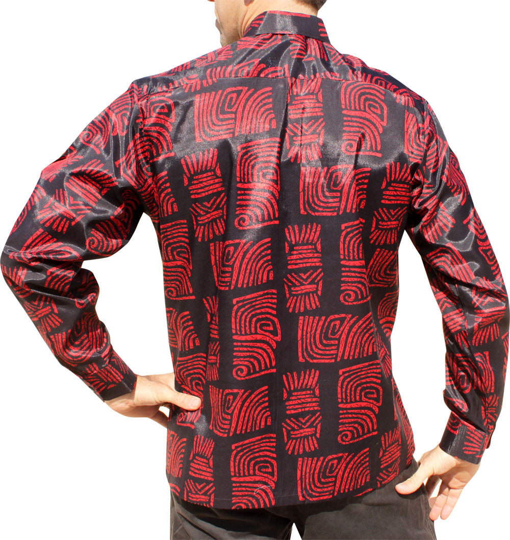 RaanPahMuang Light Smart Classic Cut Buttoned Thai Silk Artistic Long Sleeve