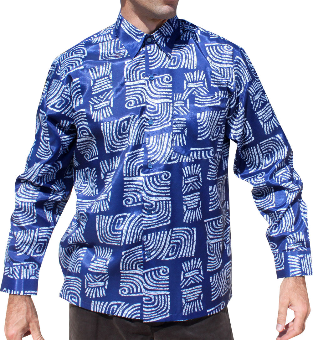 RaanPahMuang Light Smart Classic Cut Buttoned Thai Silk Artistic Long Sleeve