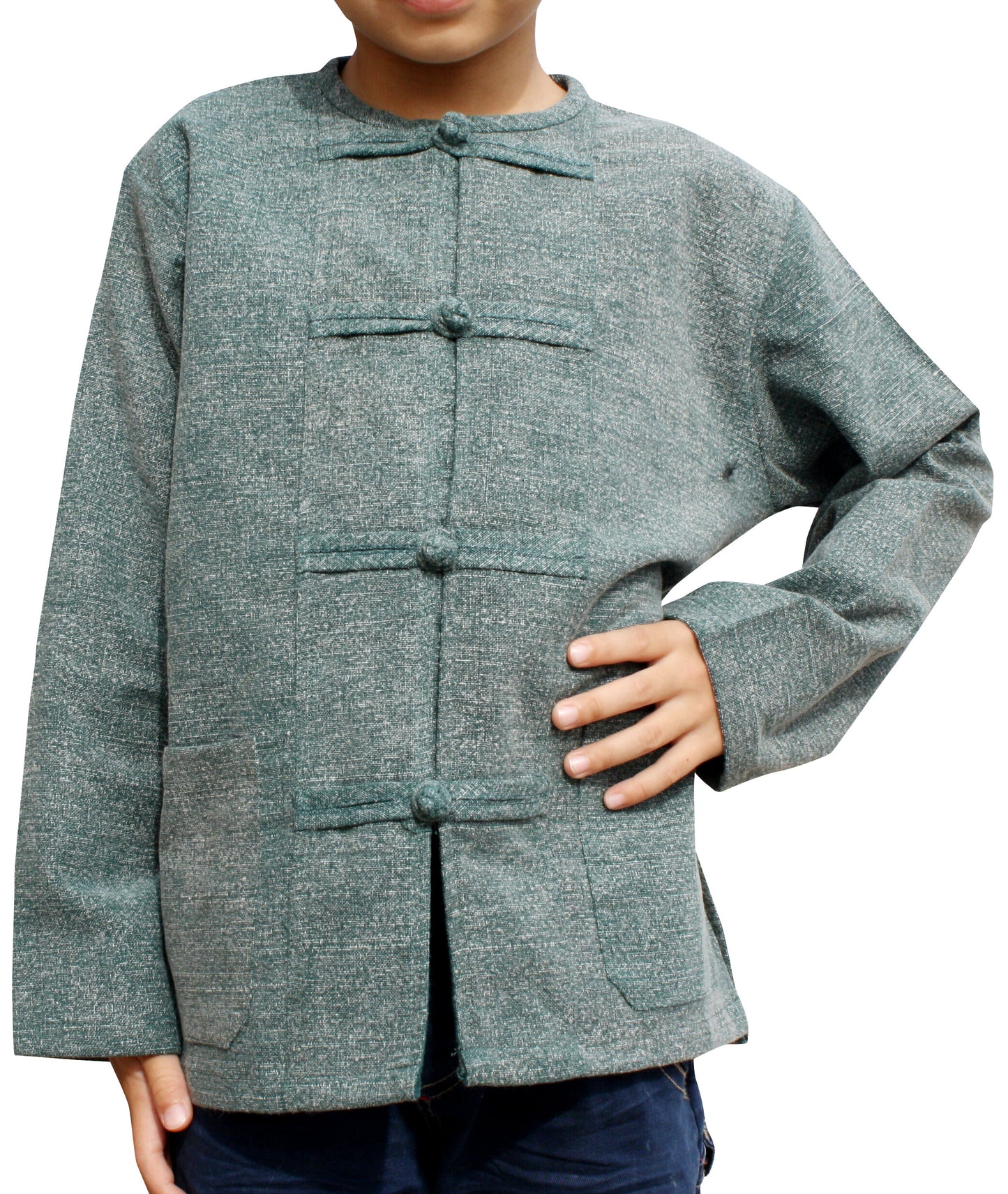 RaanPahMuang Childrens Mixed Cotton Shirt Open Collar Frog Button Long Sleeve
