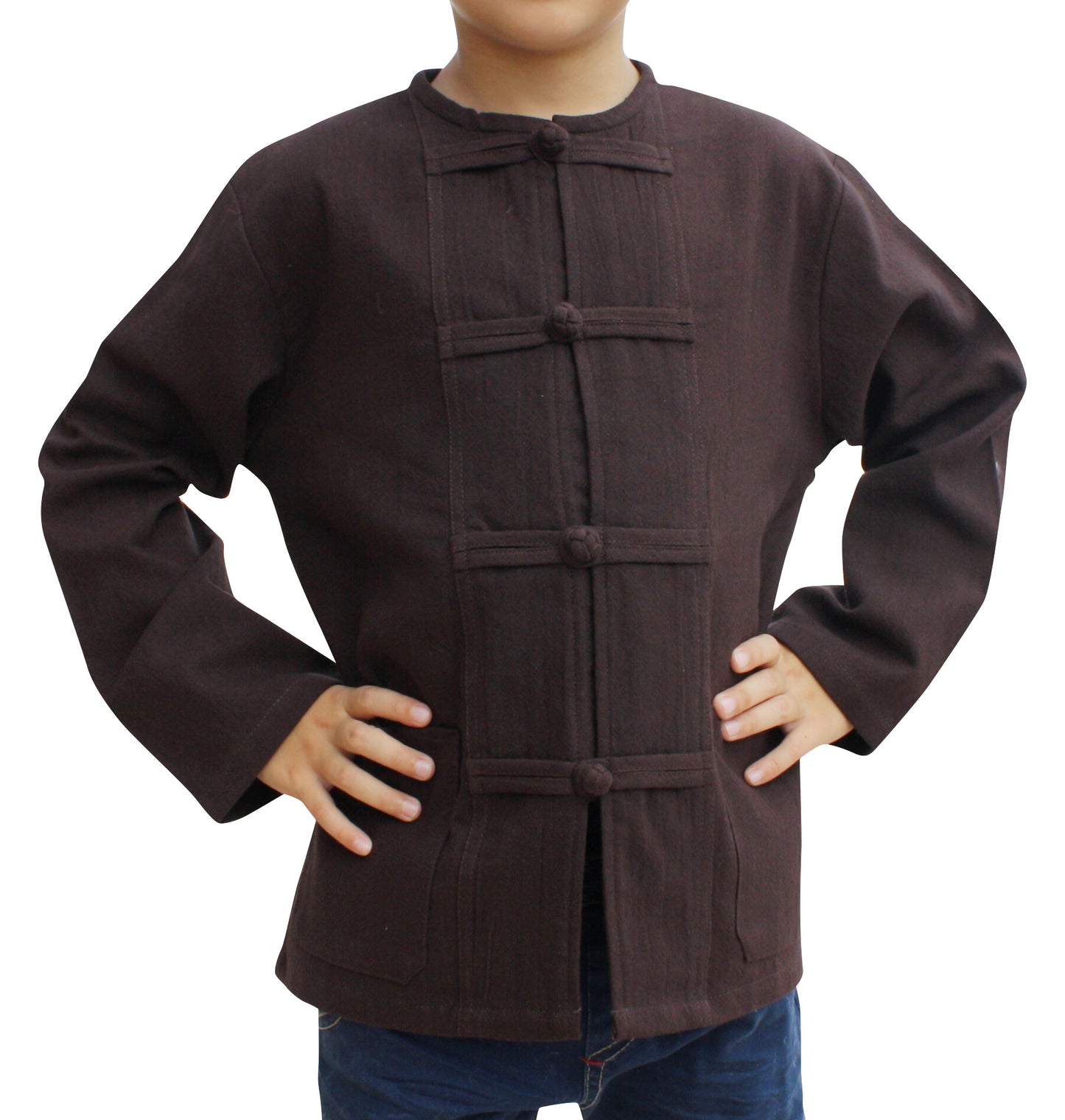 RaanPahMuang Childrens Mixed Cotton Shirt Open Collar Frog Button Long Sleeve