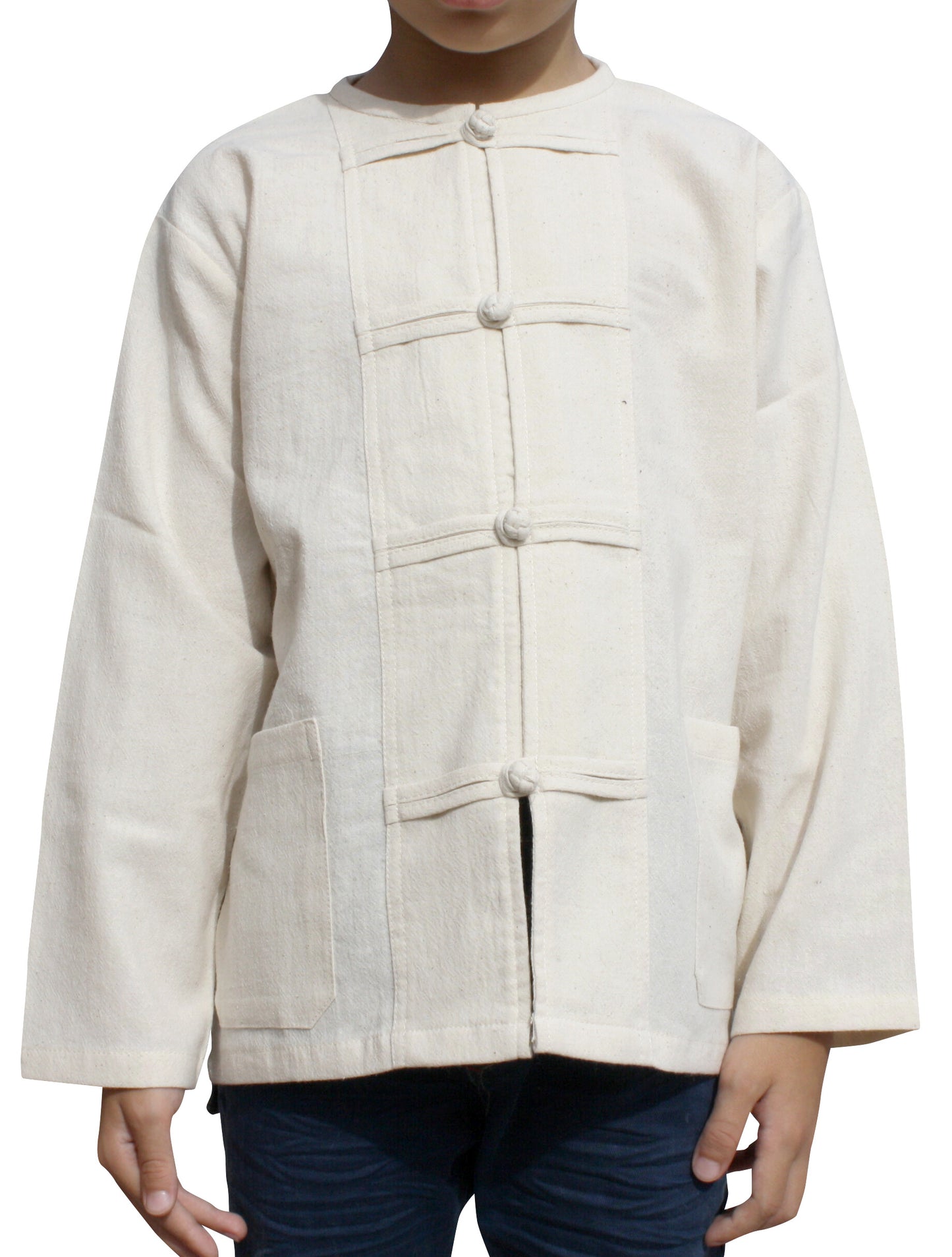 RaanPahMuang Childrens Mixed Cotton Shirt Open Collar Frog Button Long Sleeve
